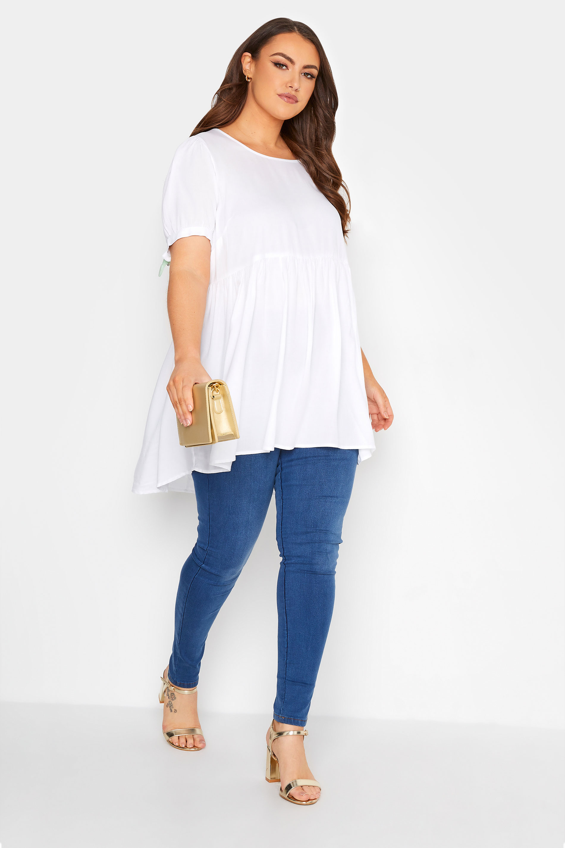 Grande taille  Tops Grande taille  Tops Casual | Top Blanc Smocké Manches Courtes Bouffantes - YL94352