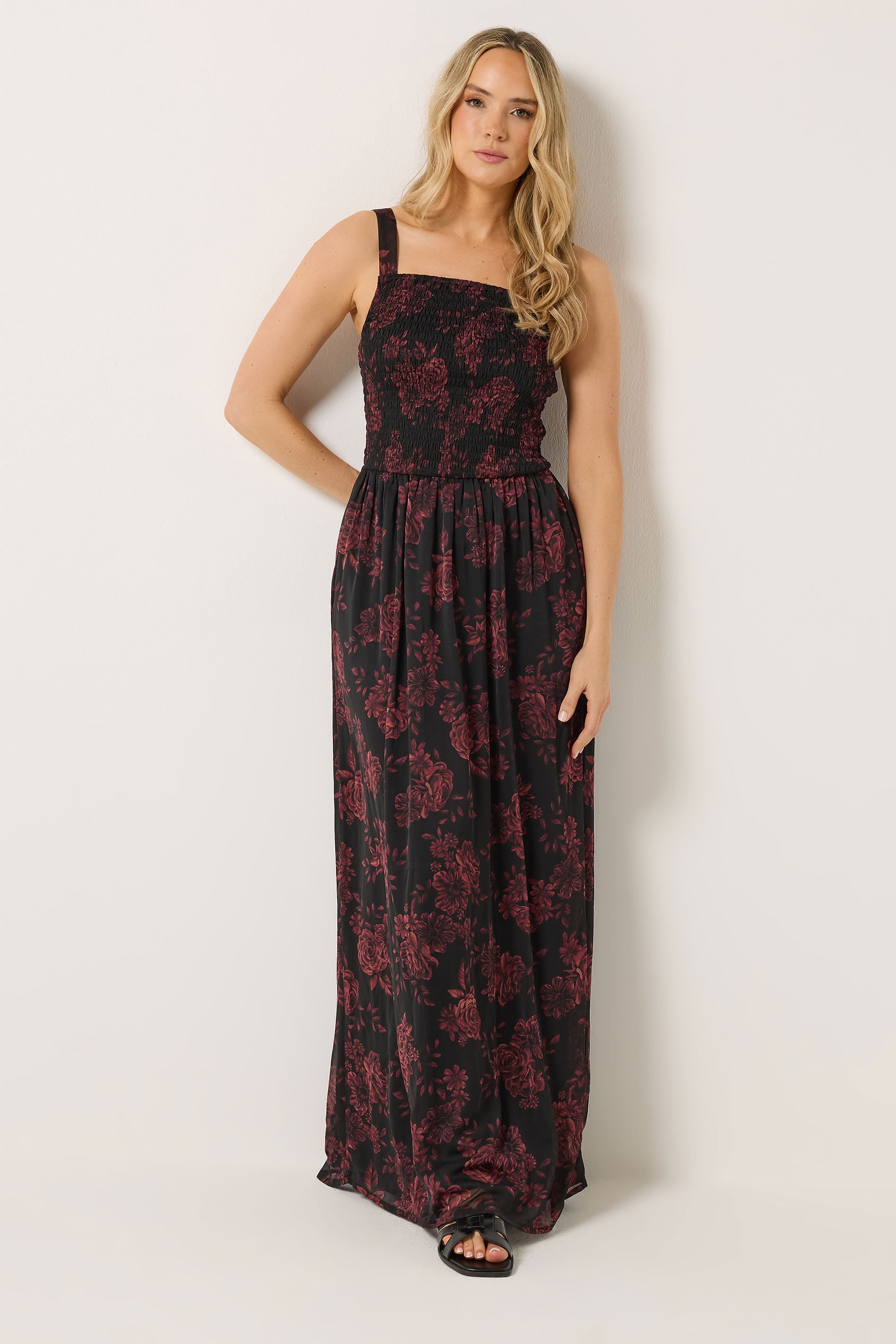 LTS Tall Women's Black & Red Rose Shirred Maxi Dress | Long Tall Sally 4