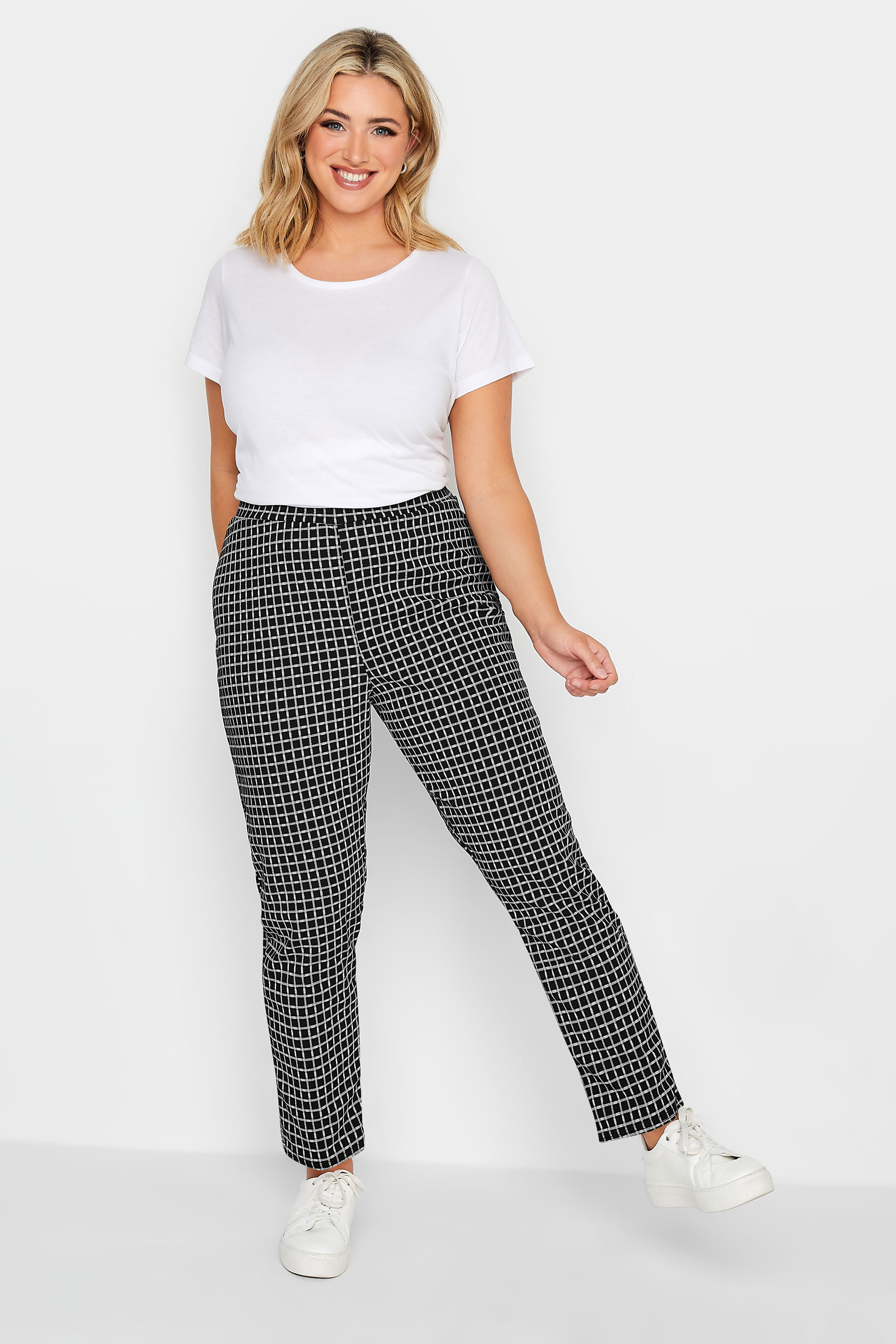 YOURS PETITE Plus Size Curve Black Check Textured Stretch Slim Leg Trousers | Yours Clothing  2