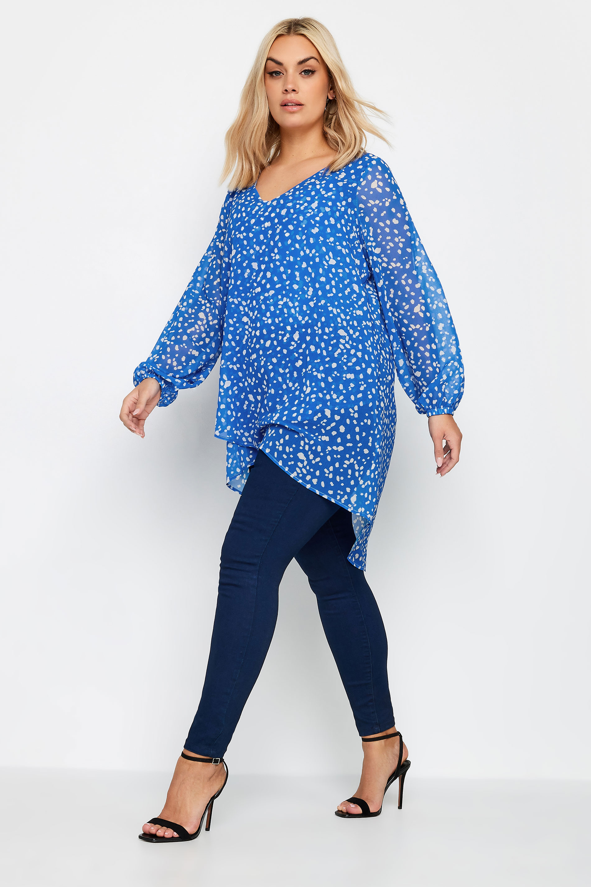 YOURS LONDON Plus Size Blue Dalmatian Print Wrap Front Blouse | Yours Clothing 2
