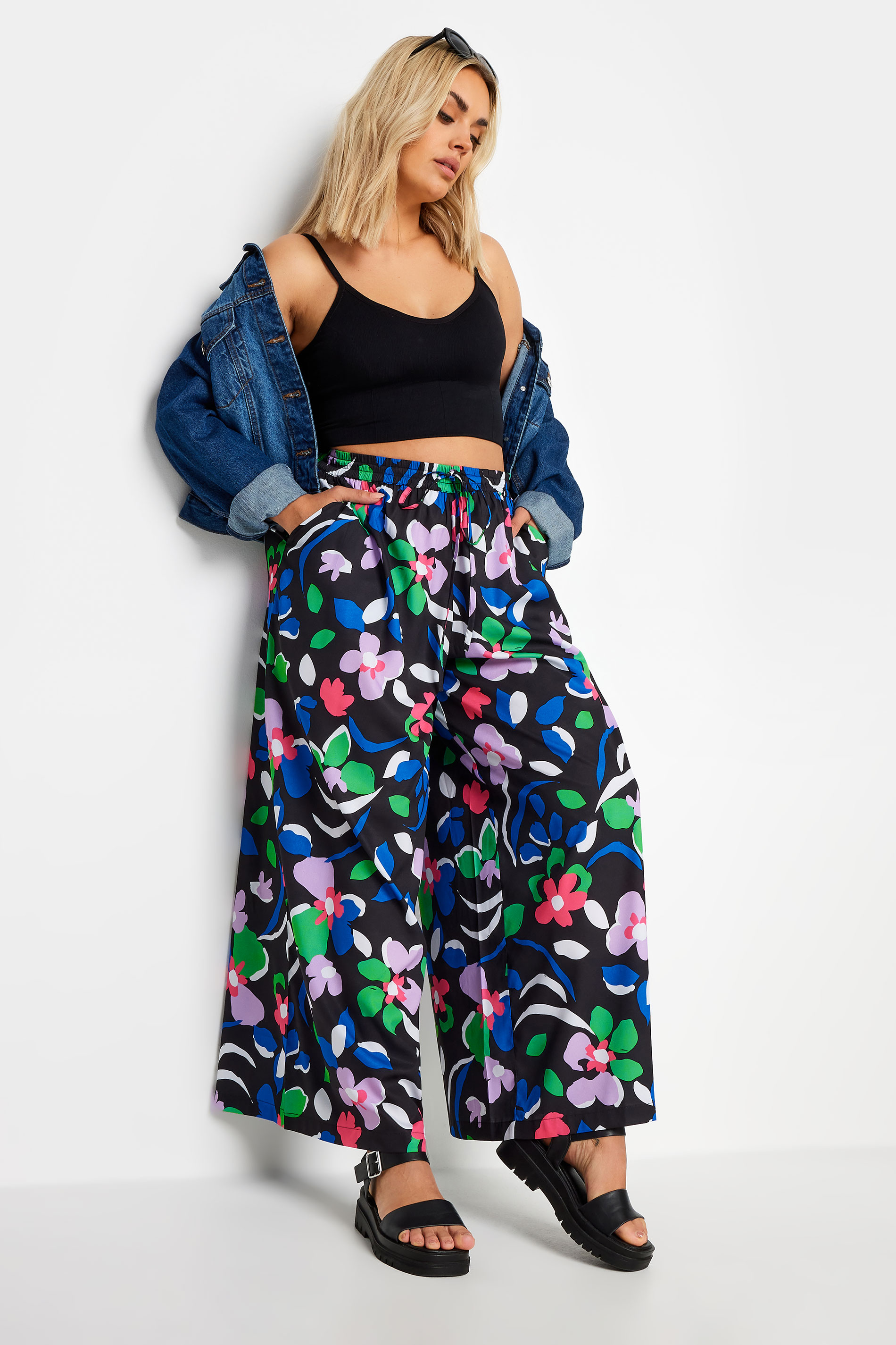 LIMITED COLLECTION Plus Size Black Floral Print Drawstring Wide Leg Trousers | Yours Clothing 2
