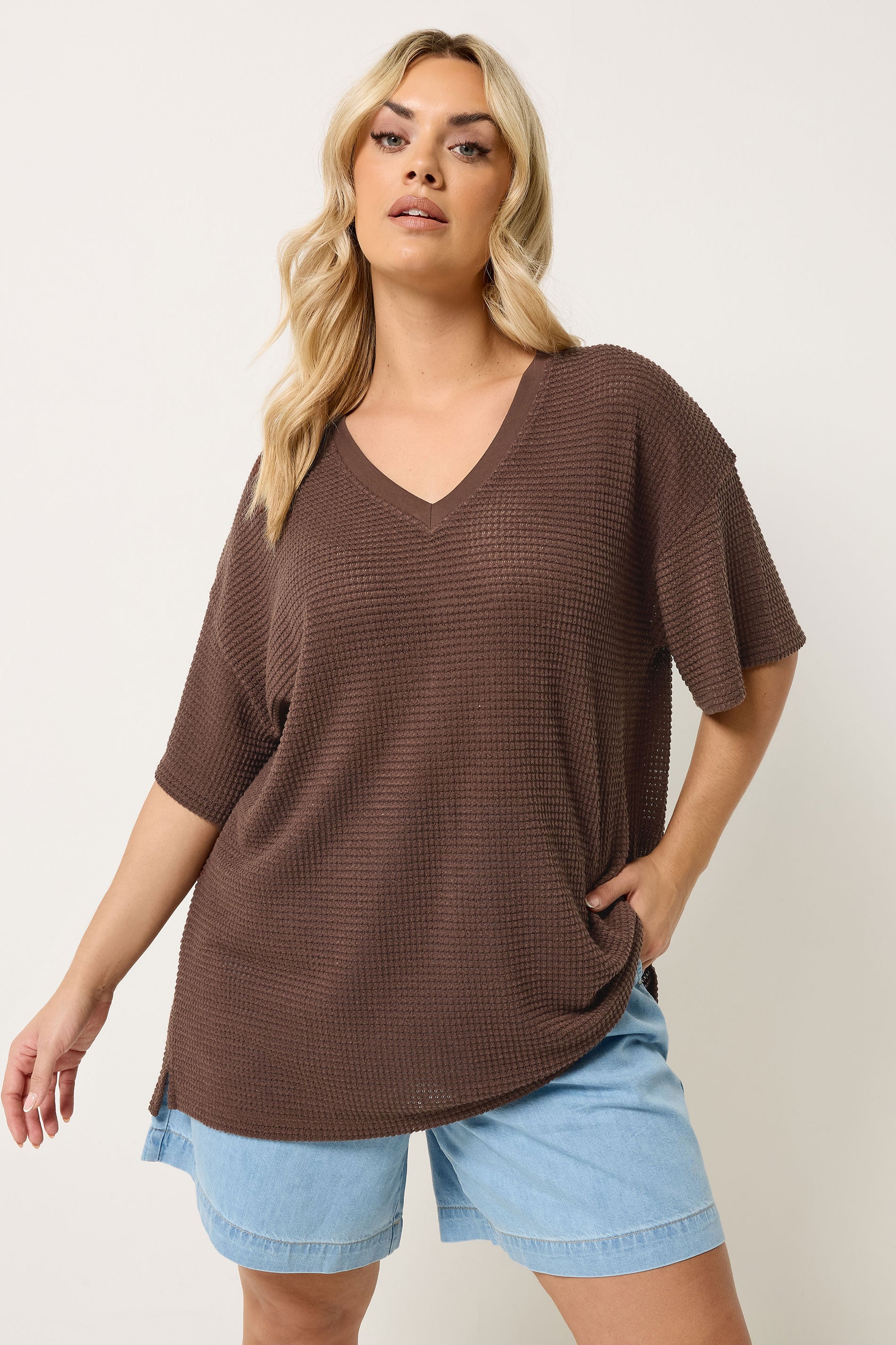 YOURS Plus Size Chocolate Brown Boxy Knitted T-Shirt | Yours Clothing 3