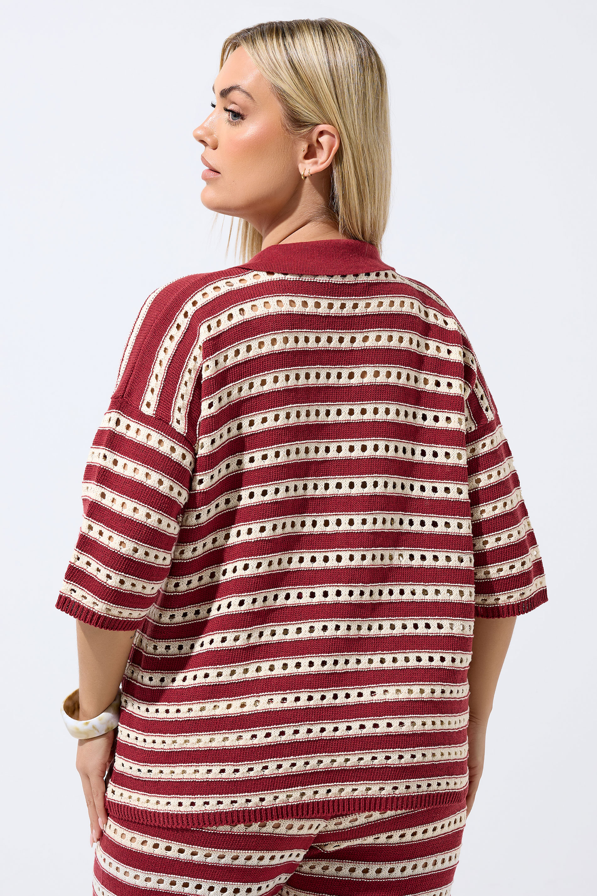LIMITED COLLECTION Plus Size Burgundy Red Stripe Crochet Shirt | Yours Clothing 2