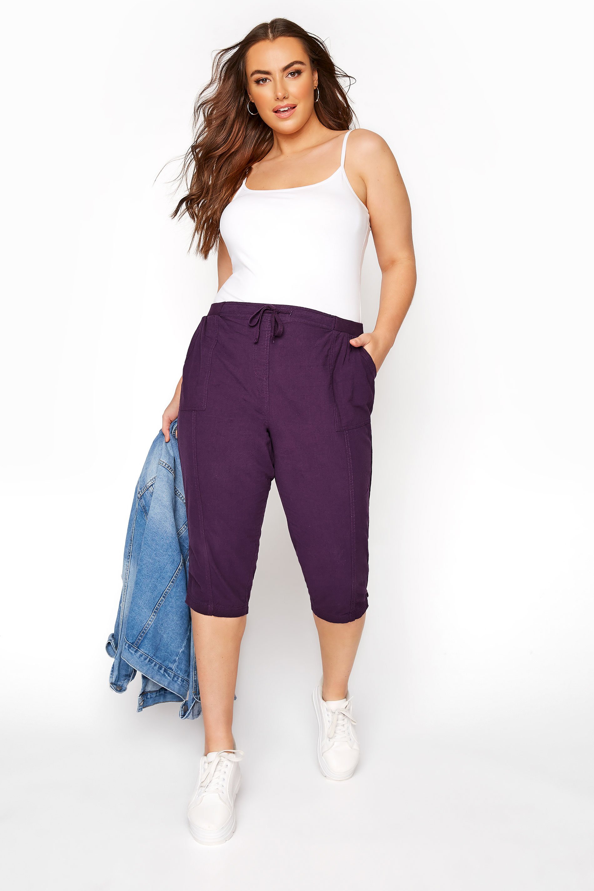 Purple Cool Cotton Cropped Trousers | Yours Clothing