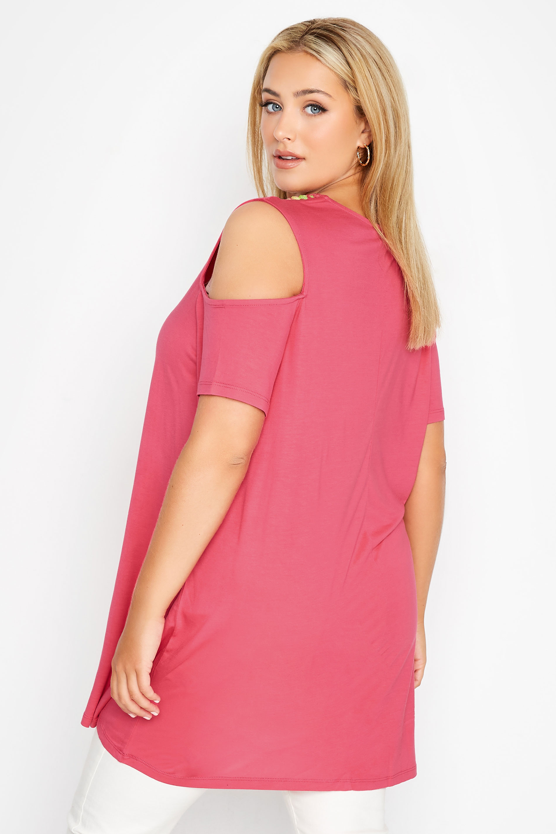 Plus Size Pink Crochet Neckline Cold Shoulder Top | Yours Clothing 3