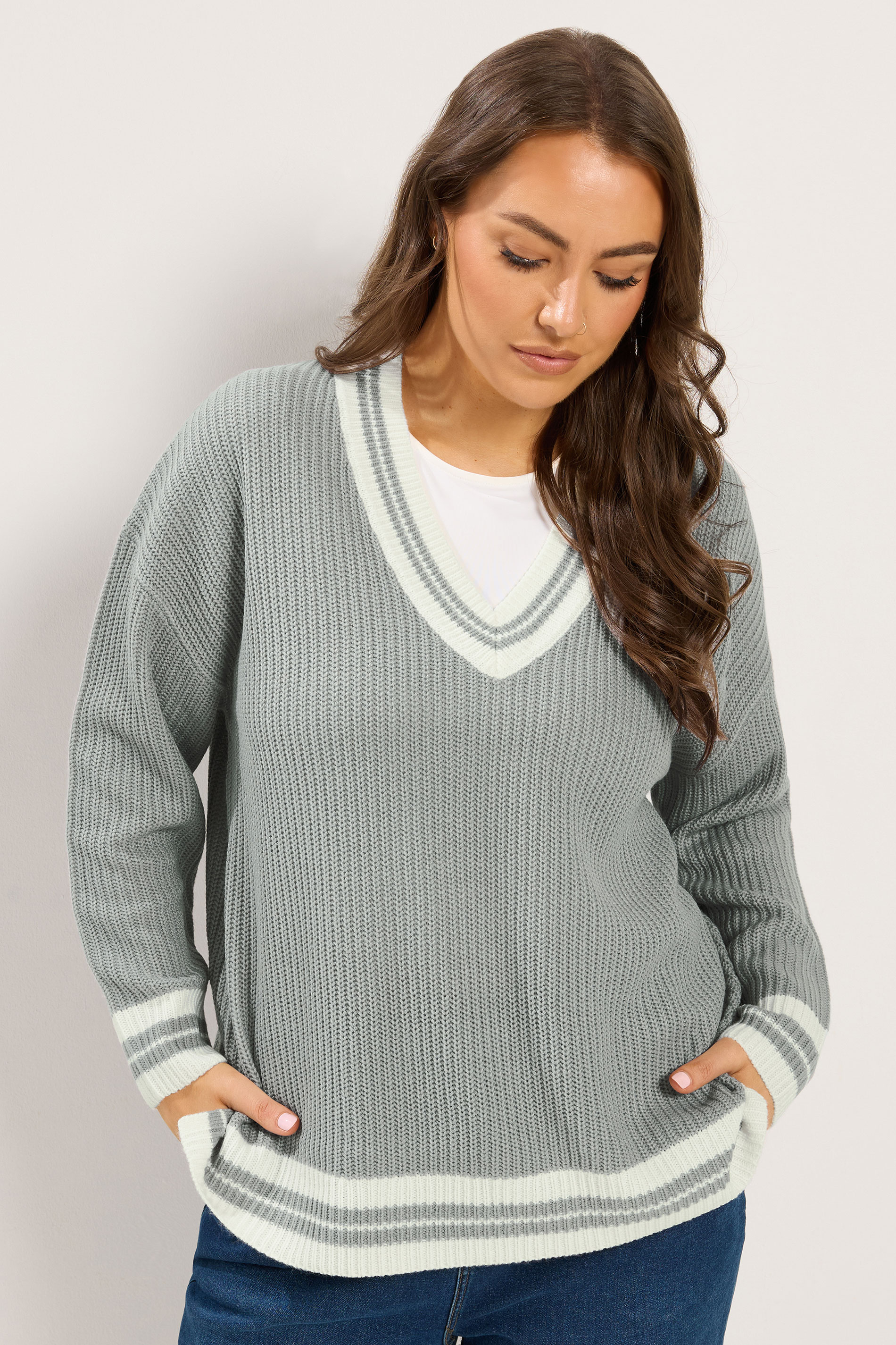 YOURS Plus Size Grey & White Knitted Tennis Jumper | Yours Clothing 3