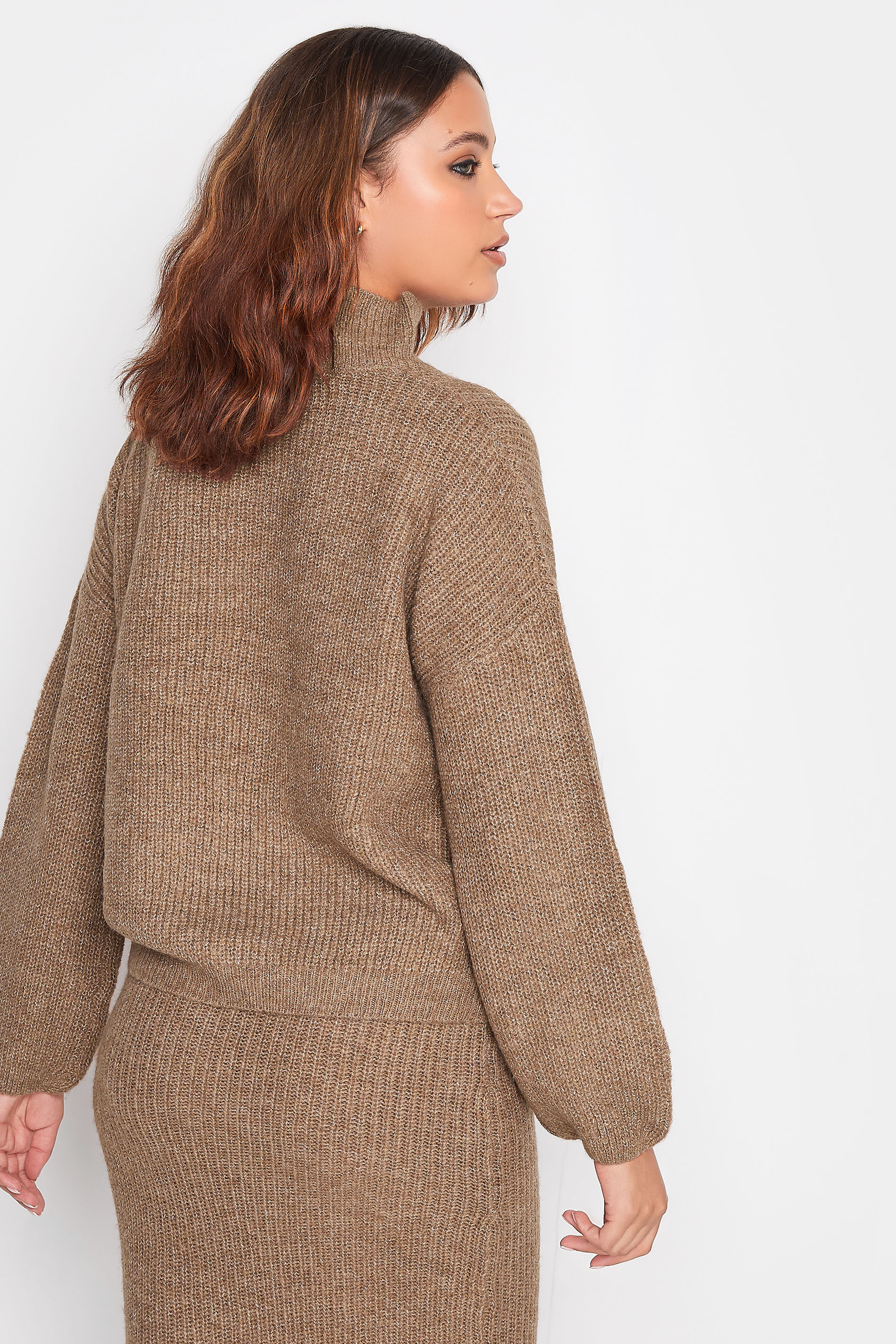 LTS Tall Beige Brown Funnel Neck Knitted Jumper | Long Tall Sally  3