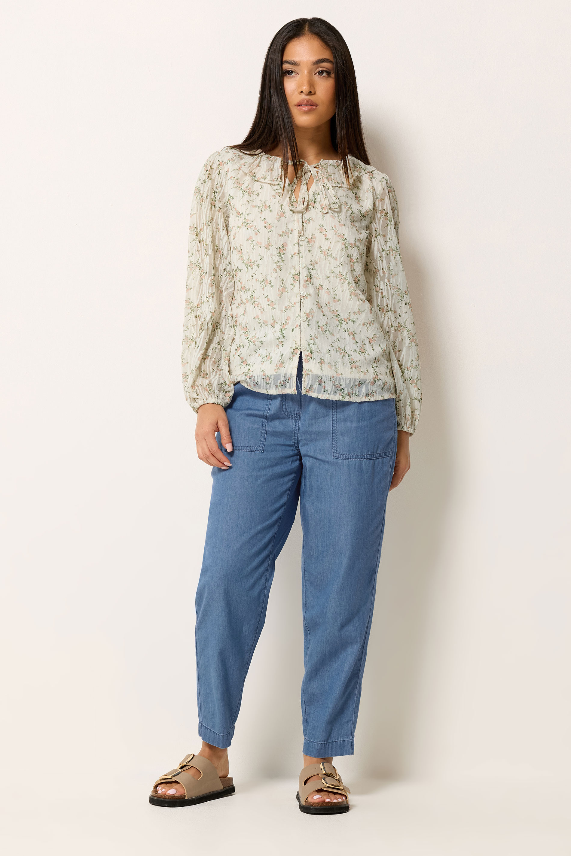 M&Co Petite Ivory White Floral Ruffle Tie Neck Blouse | M&Co 1
