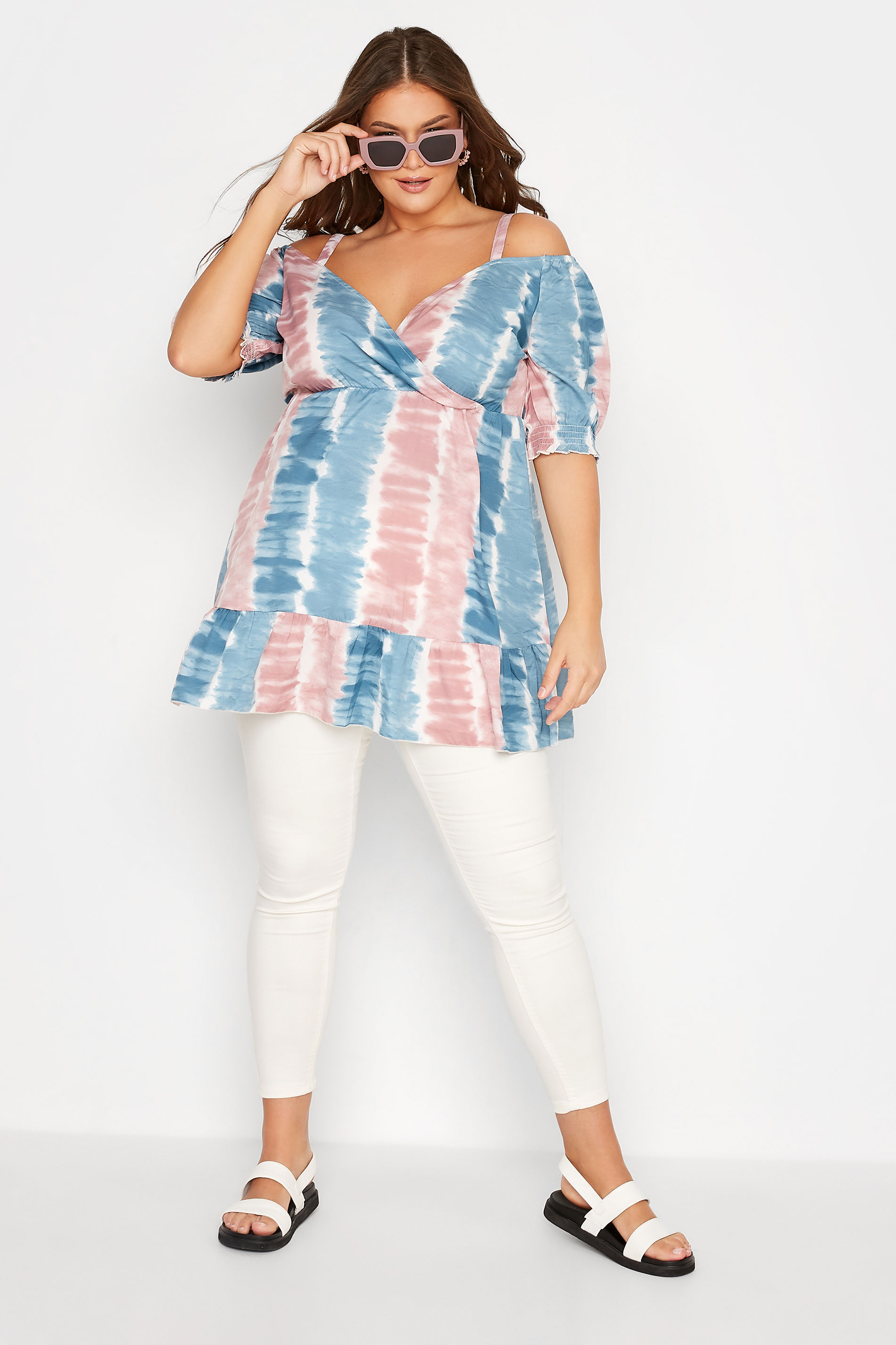 Grande taille  Tops Grande taille  Tops Casual | Curve Blue Tie Dye Stripe Print Cold Shoulder Top - XM27059