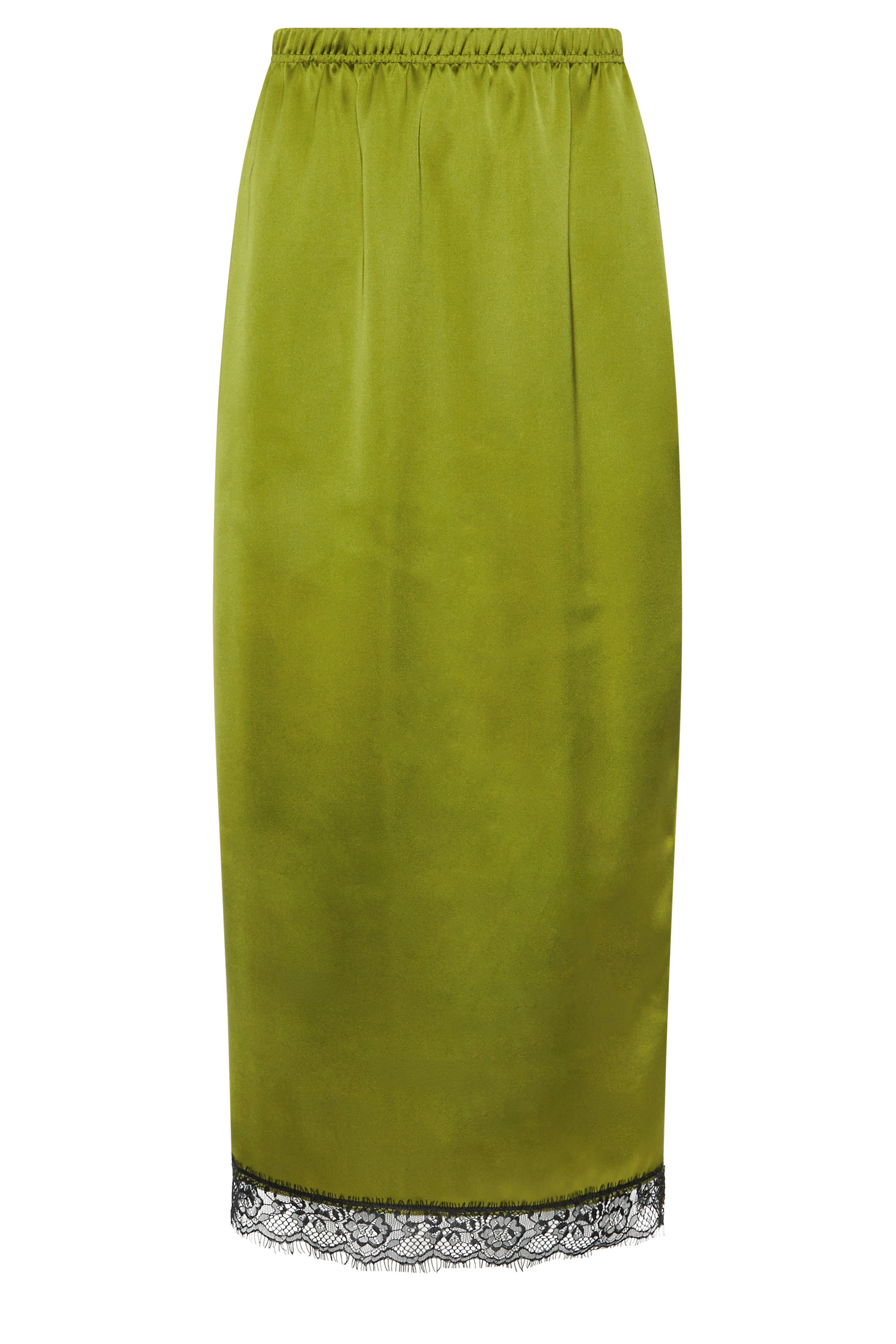 PixieGirl Petite Women's Olive Green Lace Hem Satin Maxi Skirt | PixieGirl 5