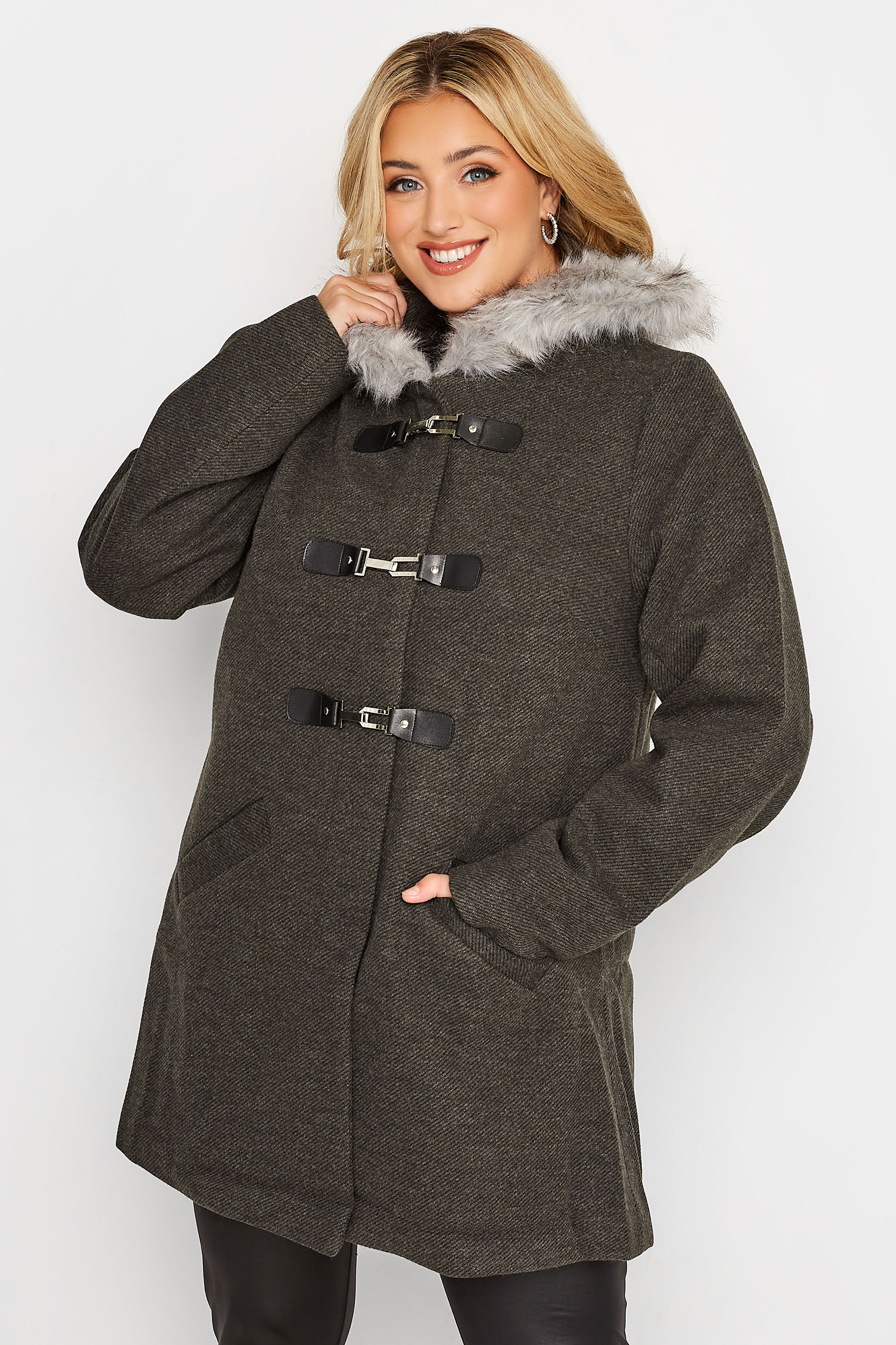 Plus Size Grey Twill Faux Fur Trim Duffle Coat | Yours Clothing 2