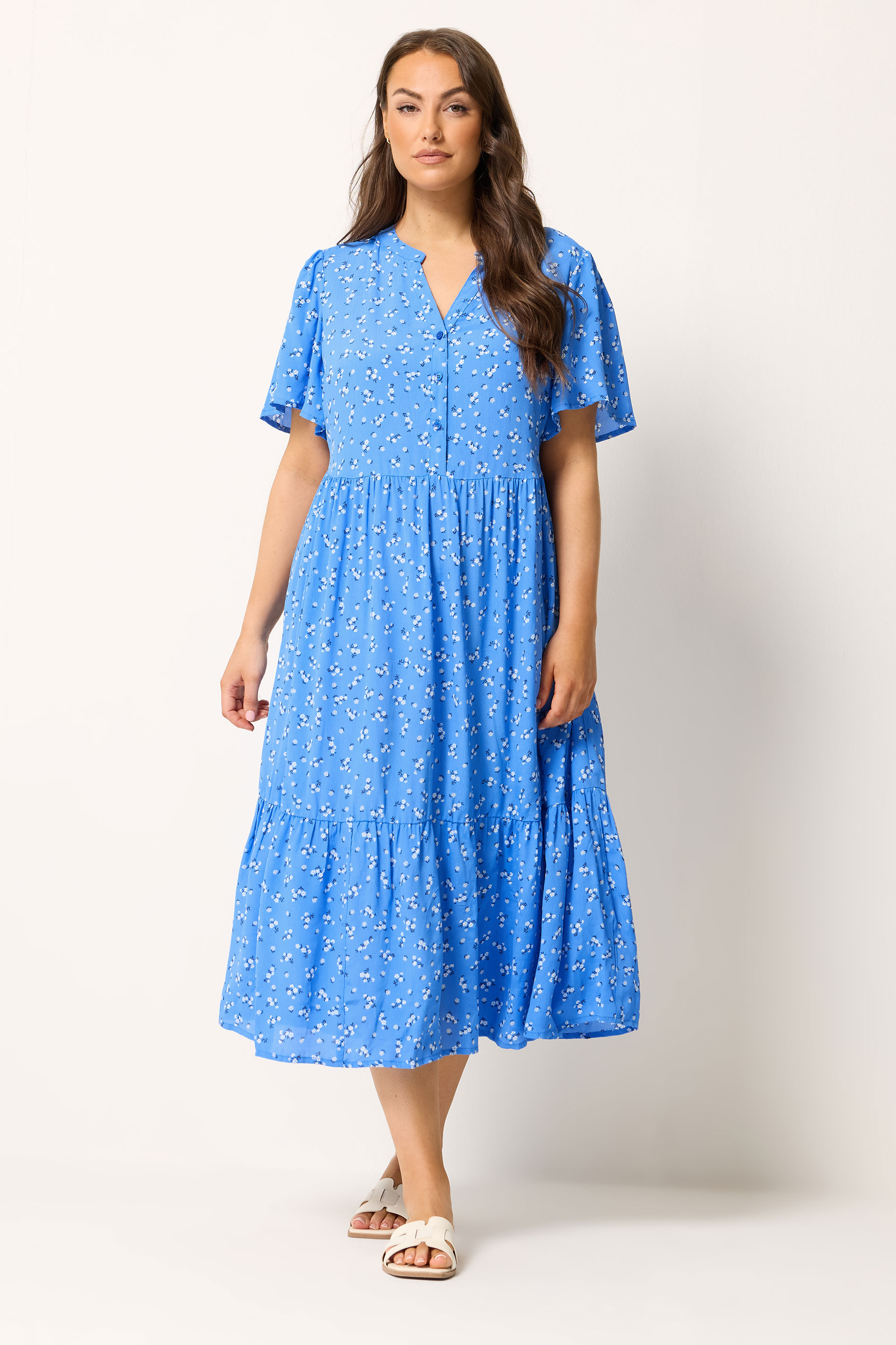 YOURS Plus Size Blue Ditsy Floral Placket Dress | Yours Clothing 1