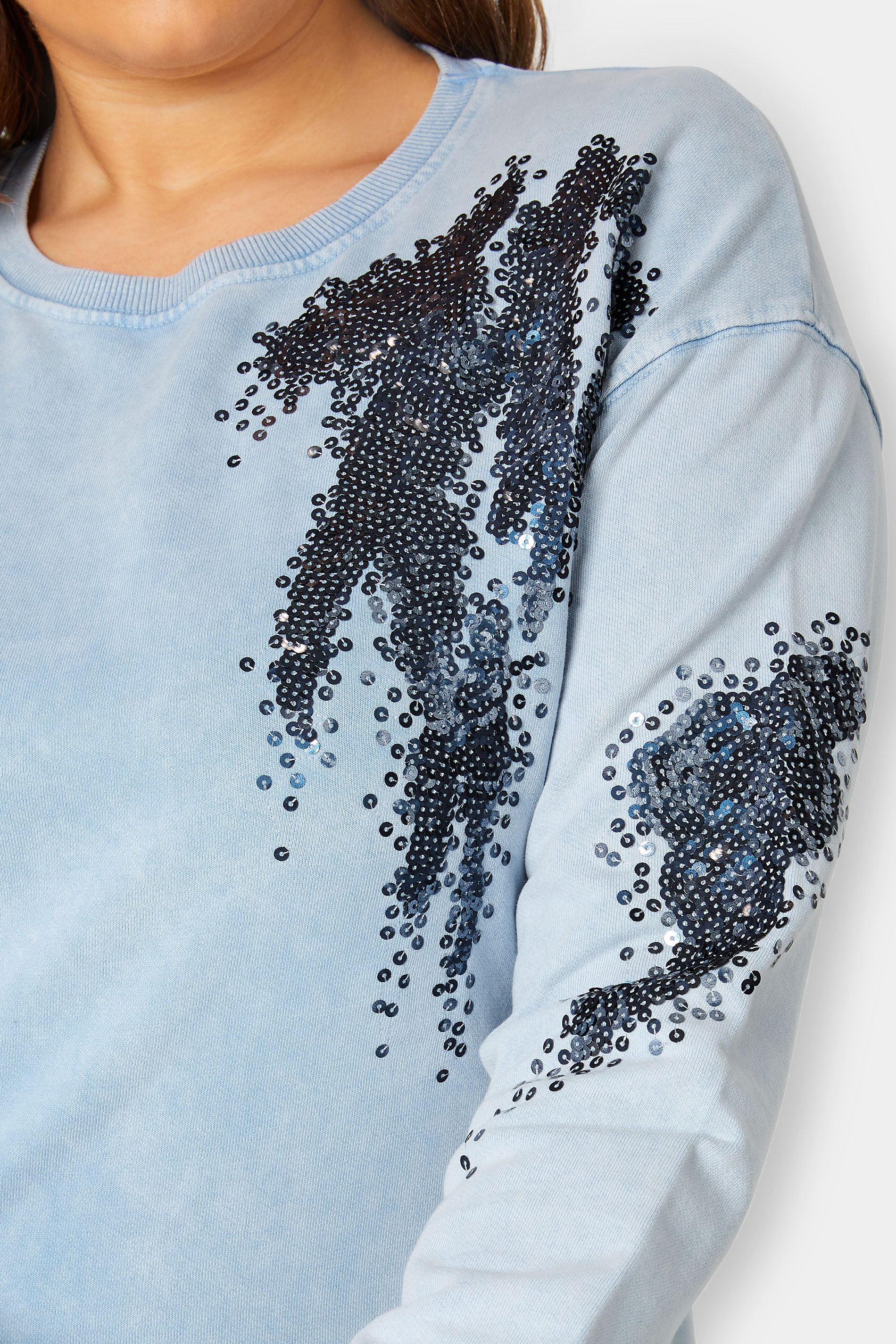 Womens Yours Curve Luxury Acid Wash Sequin Cotton Sweatshirt - Blue