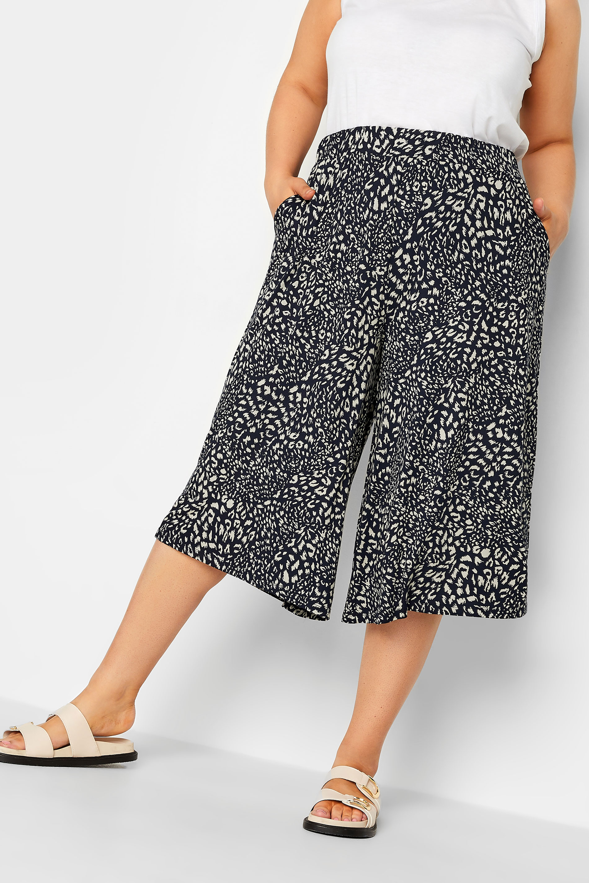 YOURS Curve Navy Blue Animal Culottes | Yours Clothing 1