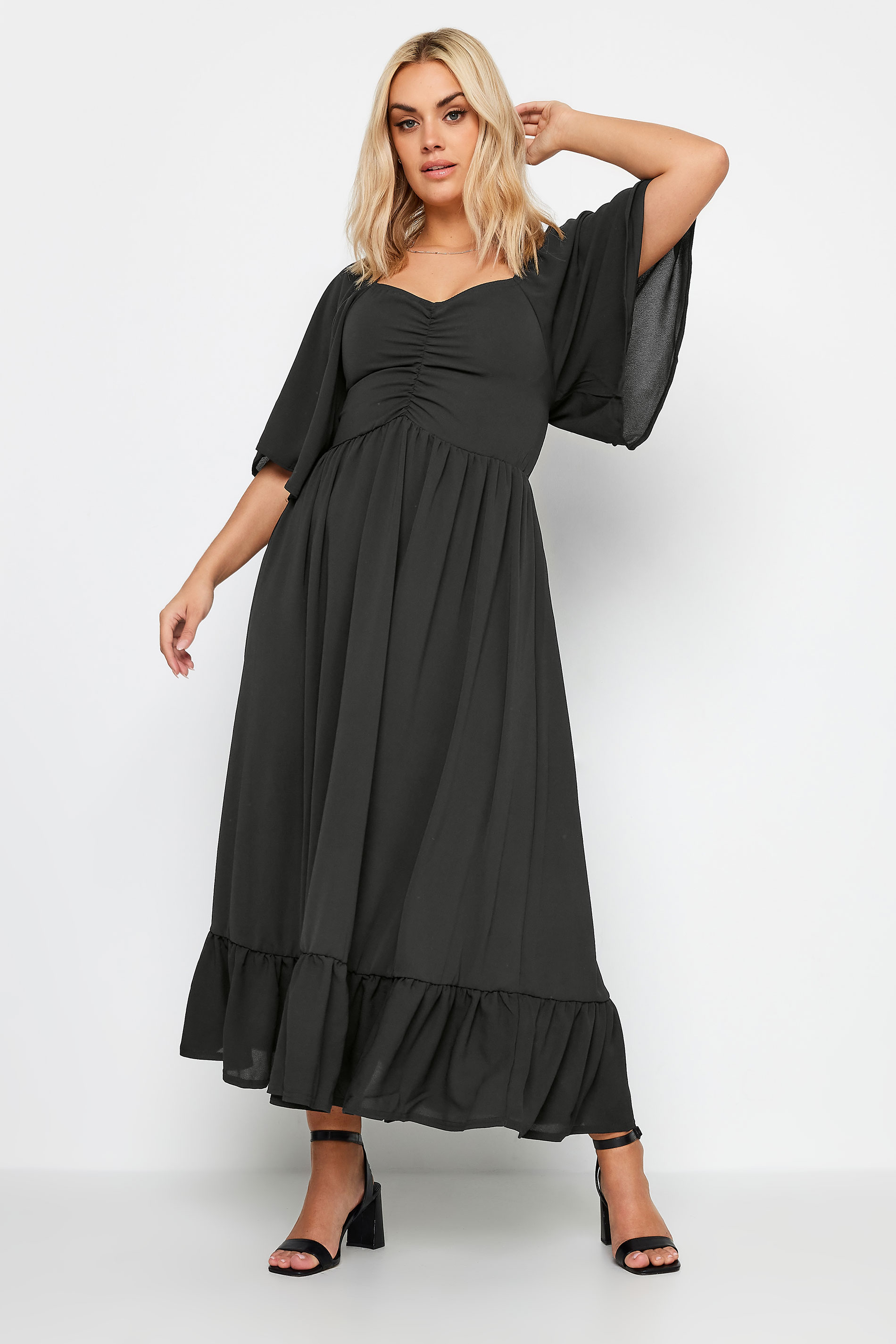 LIMITED COLLECTION Plus Size Black Ruched Angel Sleeve Dress | Yours Clothing 1