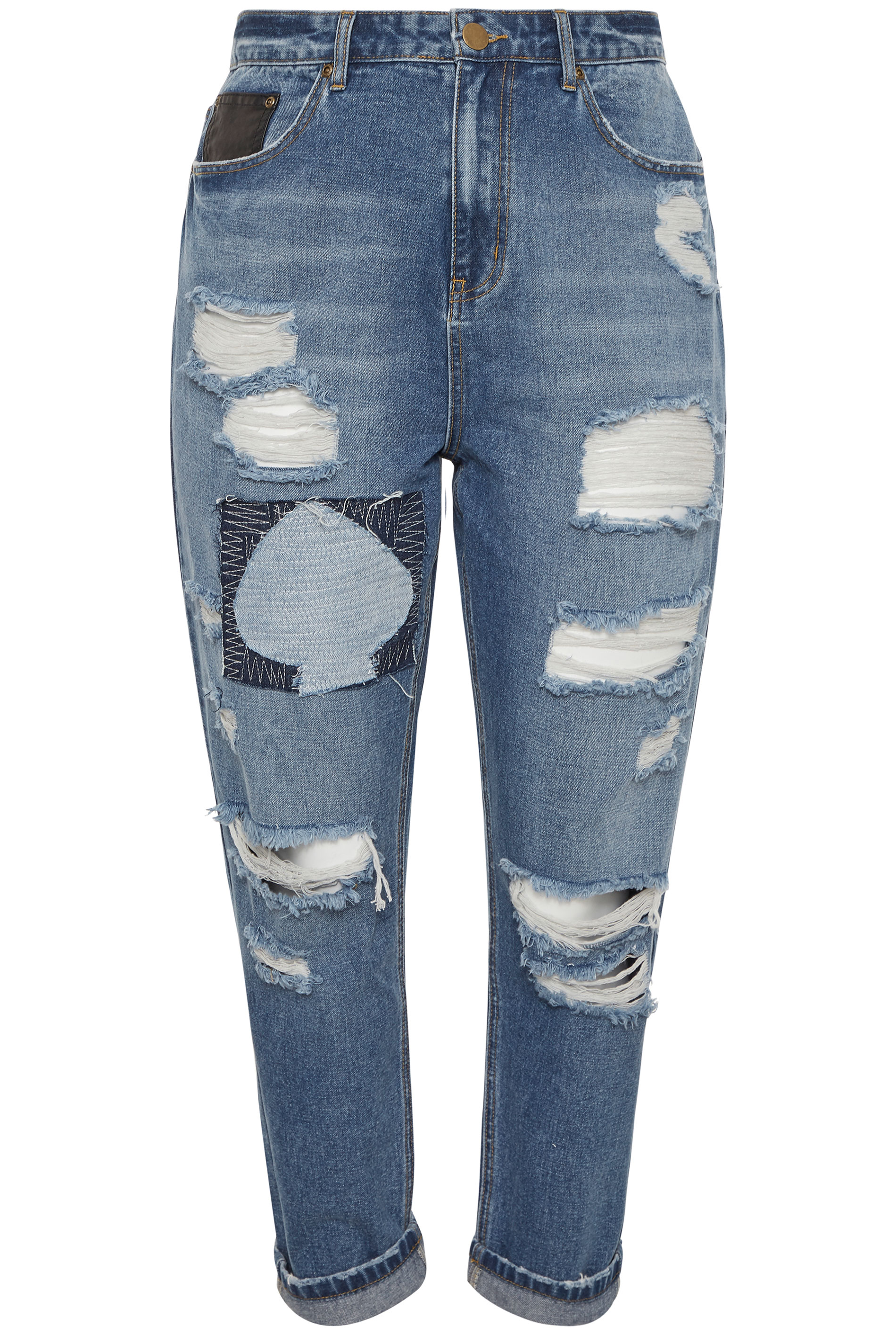 Mid Blue Extreme Ripped Patch Mom Jeans | Yours Clothing