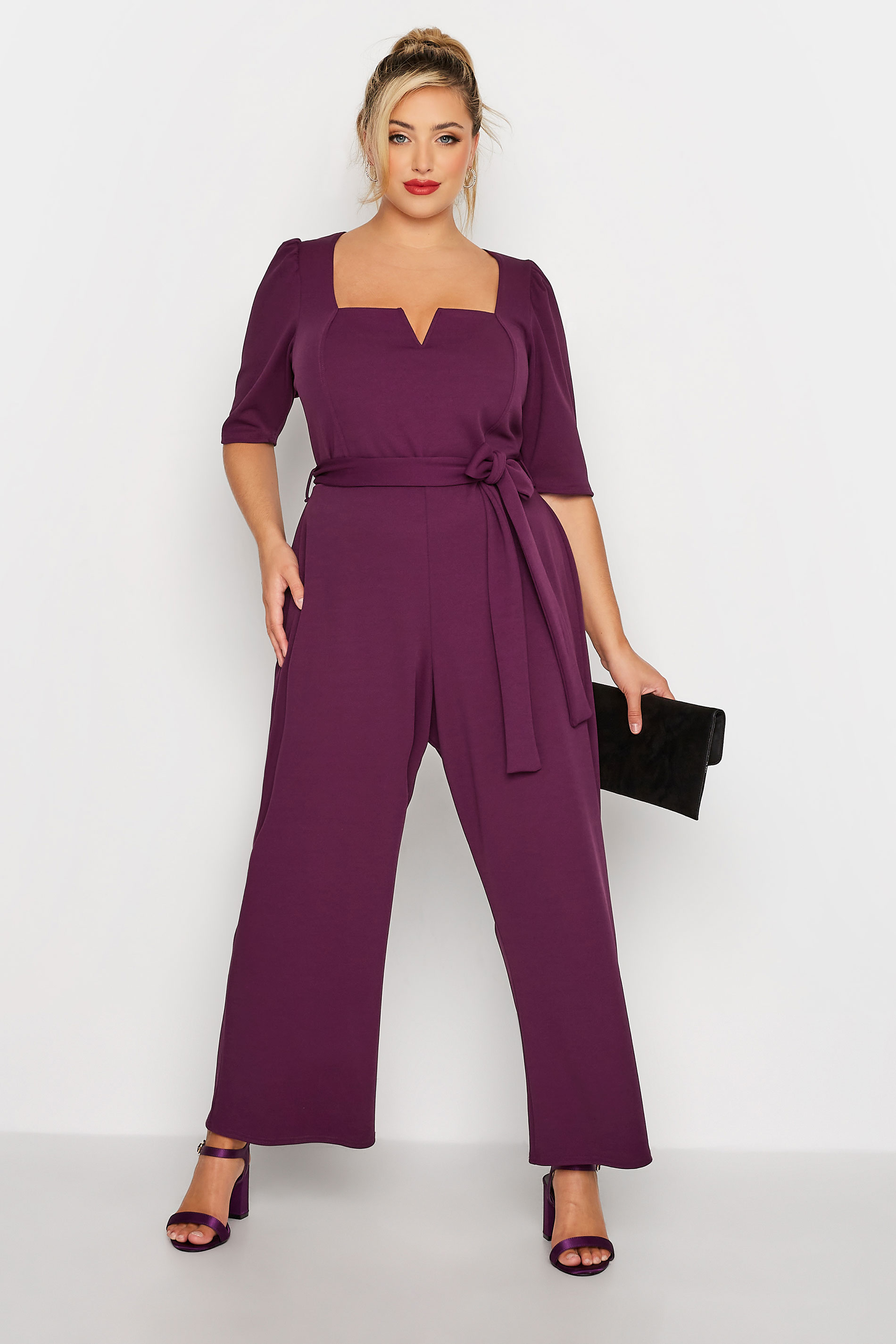 YOURS LONDON Plus Size Purple Notch Neck Tie Waist Stretch Jumpsuit | Yours Clothing 1