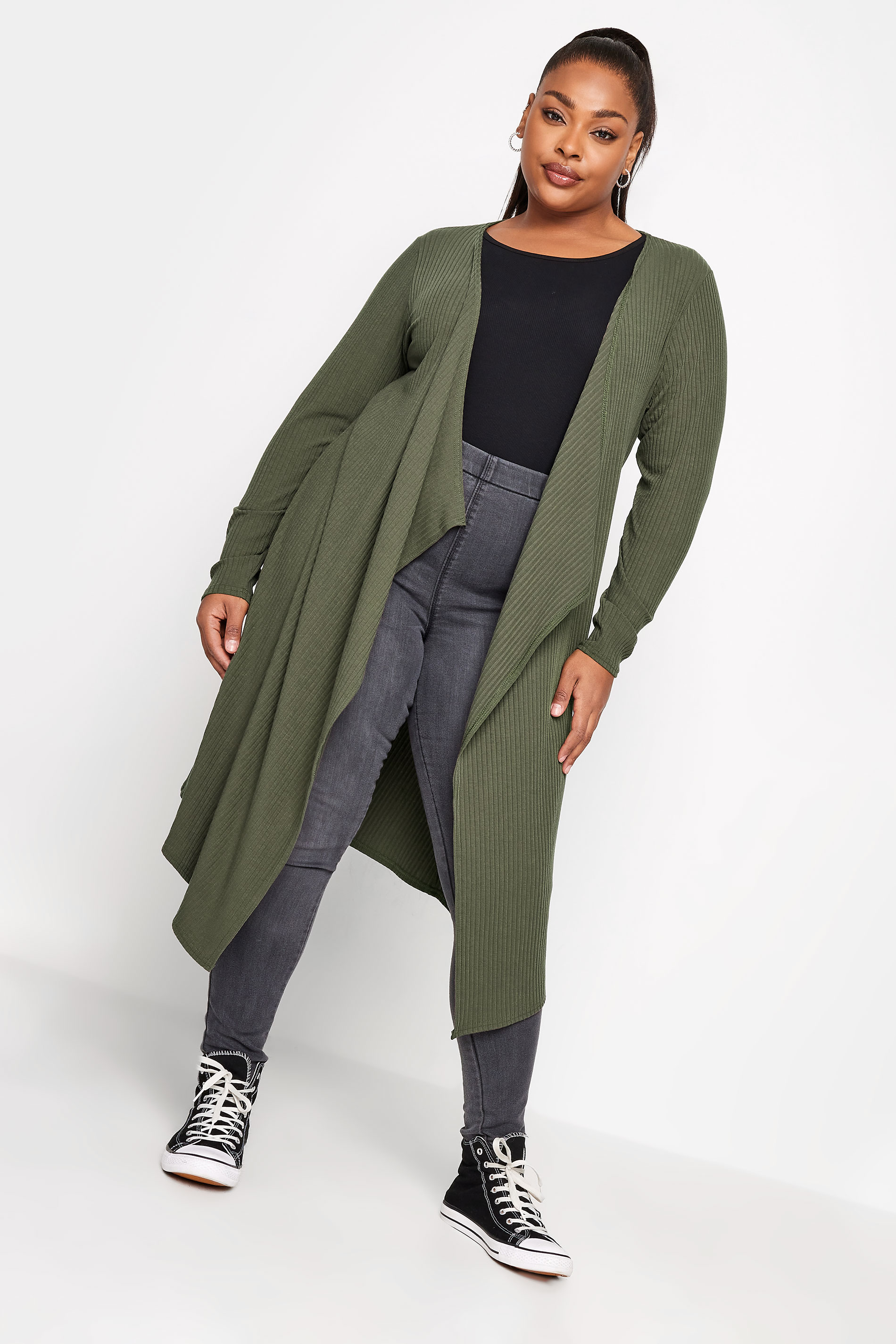 YOURS Plus Size Khaki Green Ribbed Midaxi Waterfall Cardigan | Yours Clothing 1