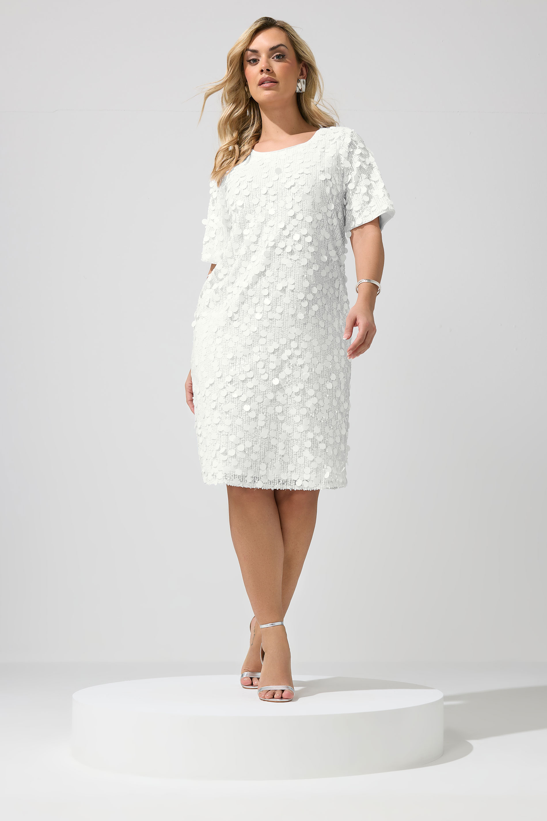 YOURS LONDON Plus Size White Sequin T-Shirt Dress | Yours Clothing 3