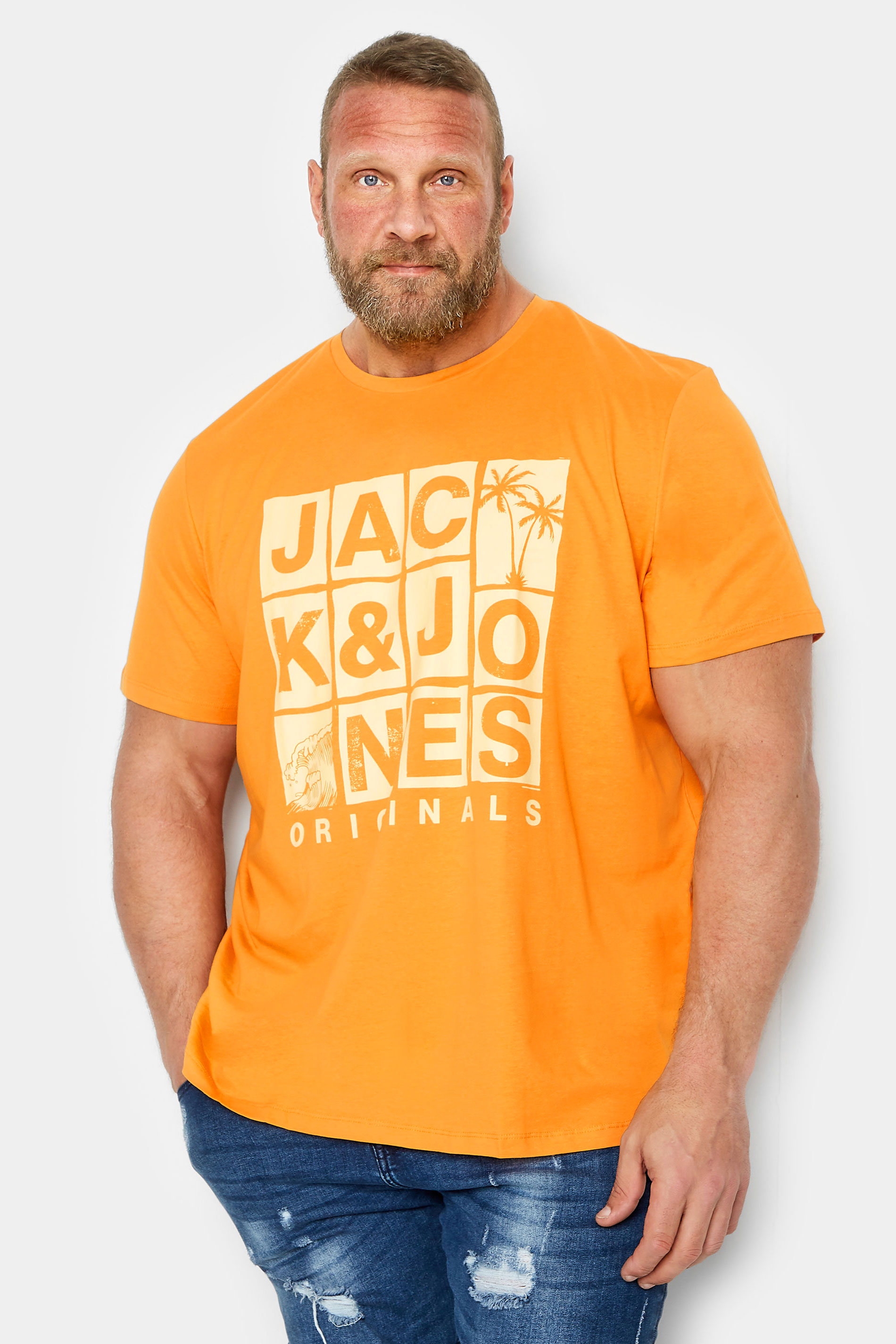 JACK & JONES Big & Tall Orange Originals Logo Print T-Shirt | BadRhino 1