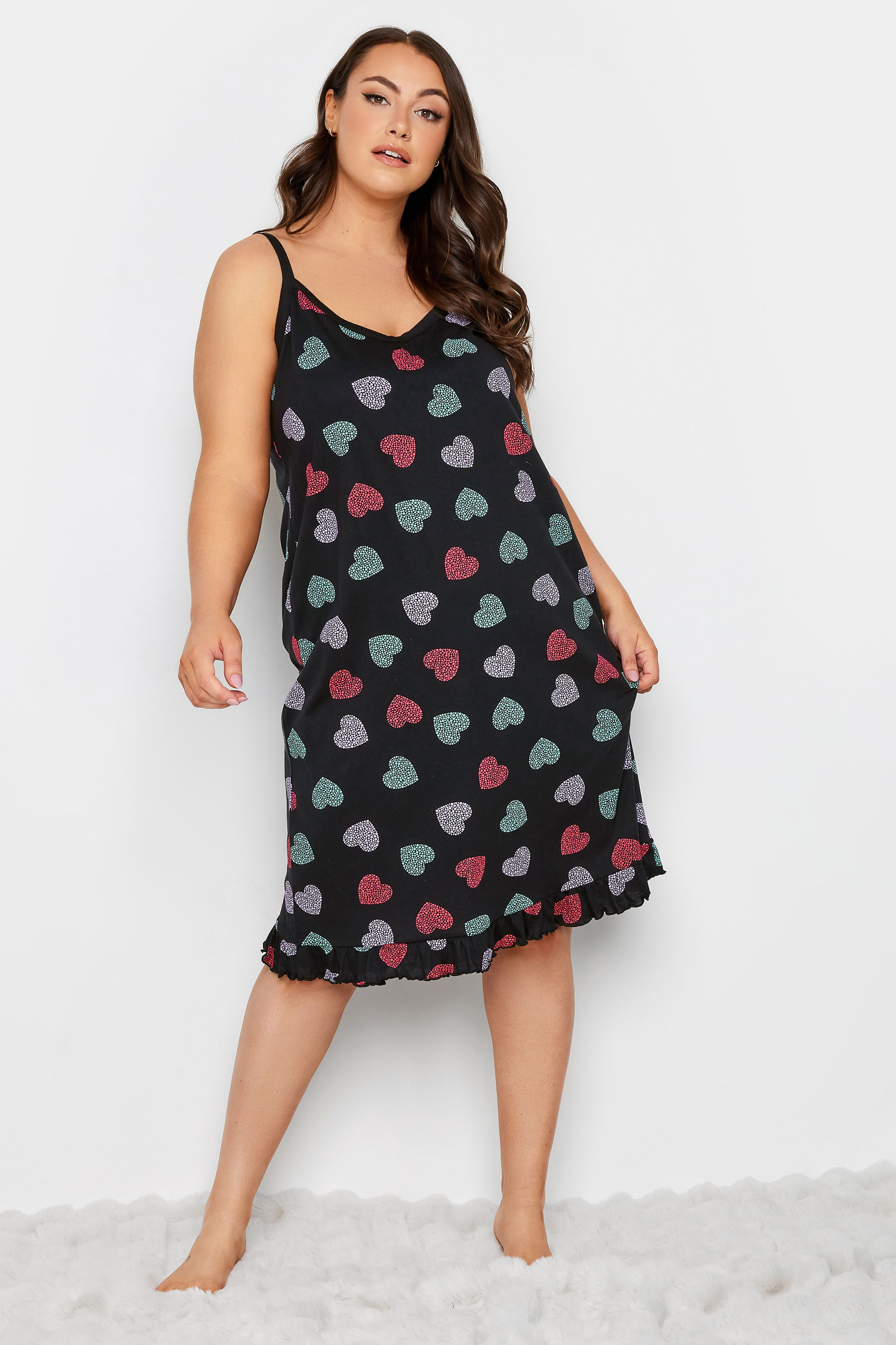 YOURS Curve Plus Size Black Heart Print Pintuck Chemise Nightdress | Yours Clothing  1