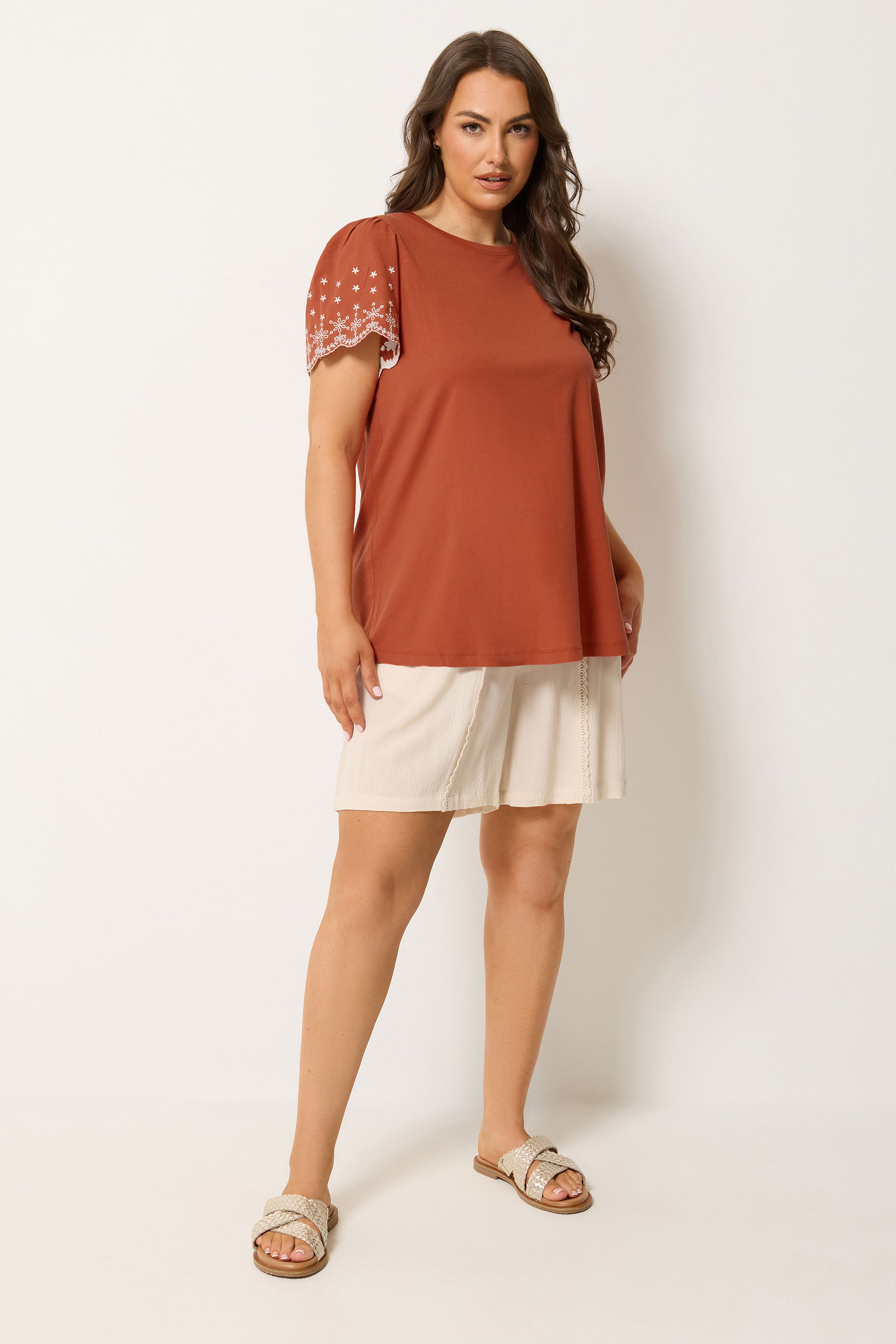 YOURS Plus Size Orange Embroidered Sleeve T-Shirt | Yours Clothing 1