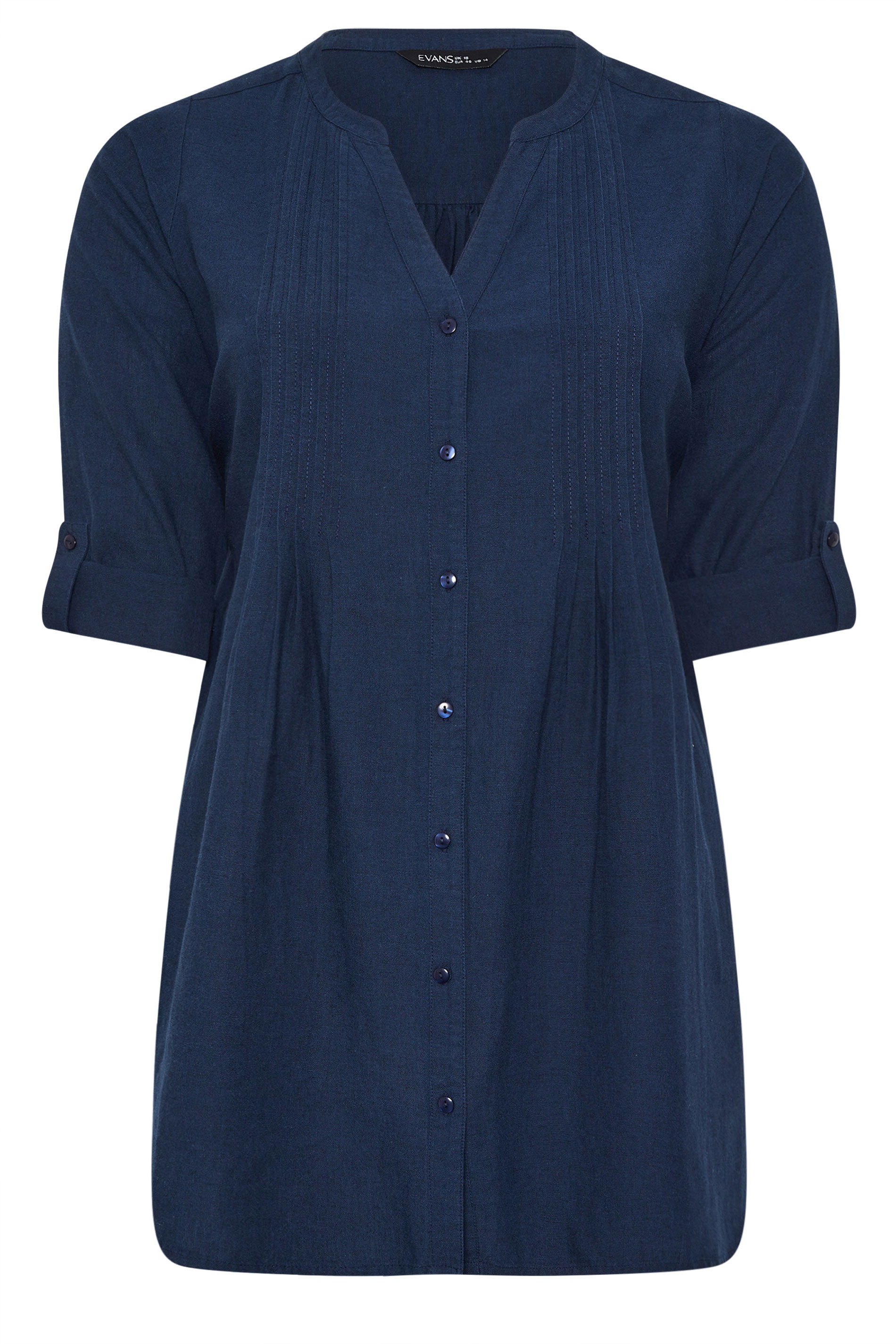 EVANS Plus Size Navy Blue Linen Pintuck Shirt | Evans 5