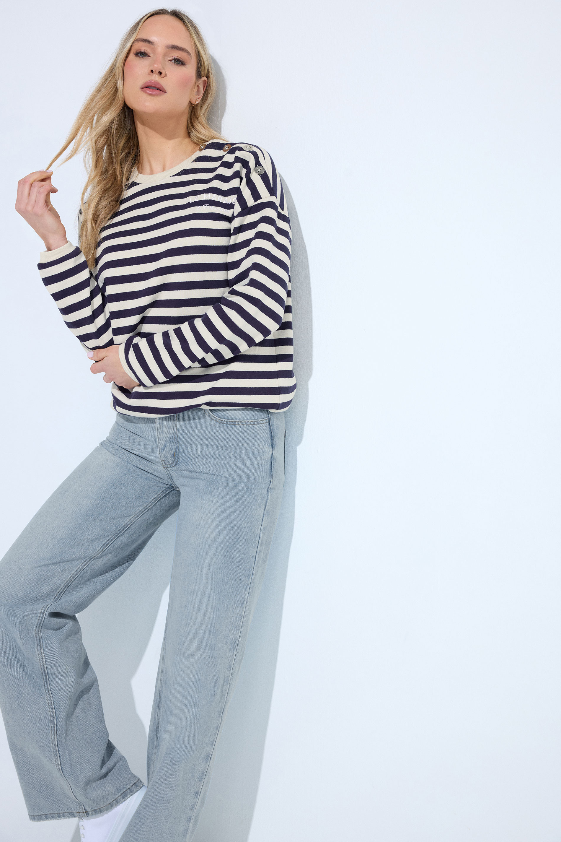 LTS Tall Navy Blue Stripe Embroidered 'Le Marais' Slogan Sweatshirt | Long Tall Sally  3