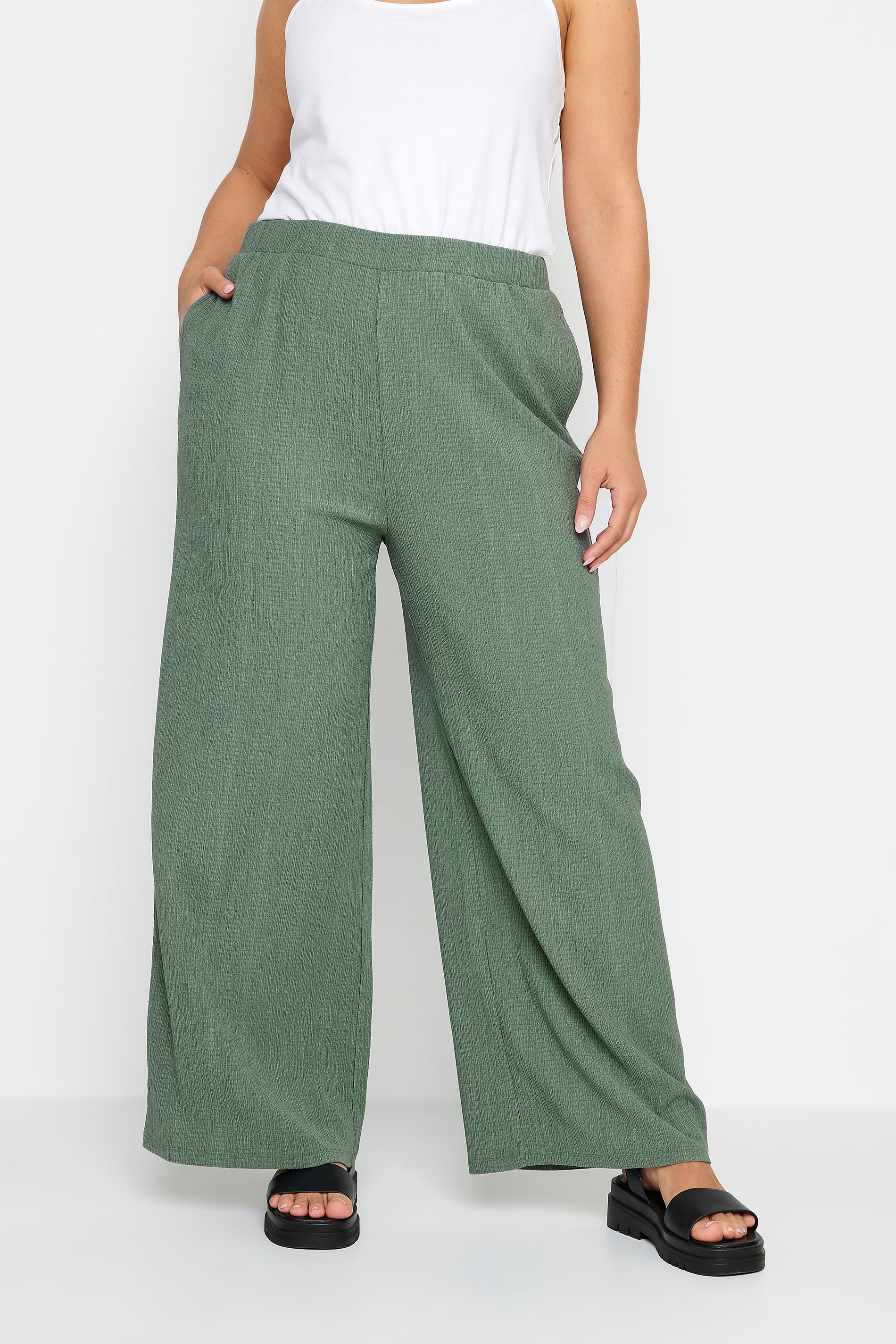 YOURS Plus Size Khaki Green Textured Wide Leg Trousers | Yours Clothing 1