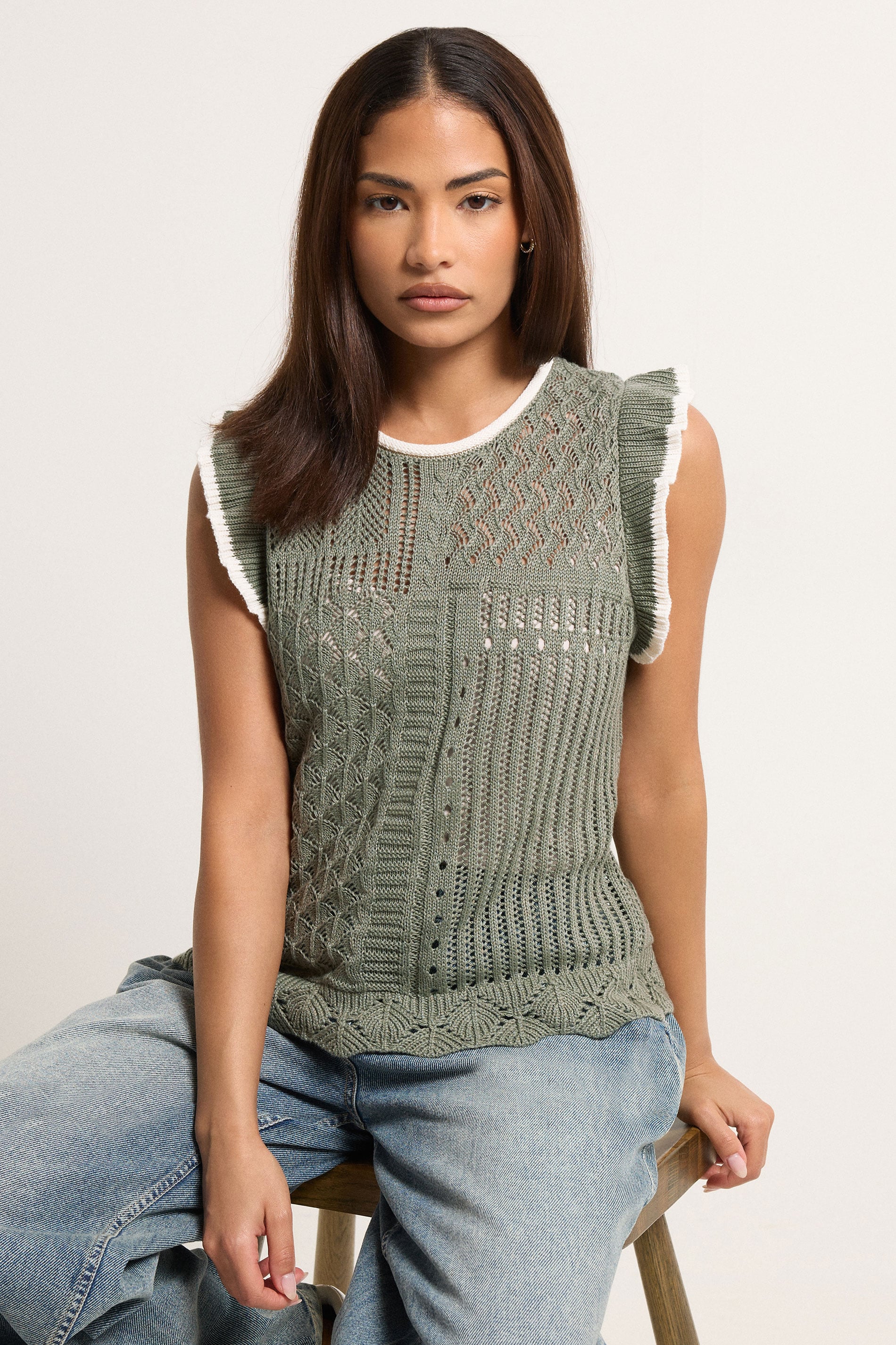 PixieGirl Petite Women's Sage Green & Ivory White Crochet Vest Top | PixieGirl 3