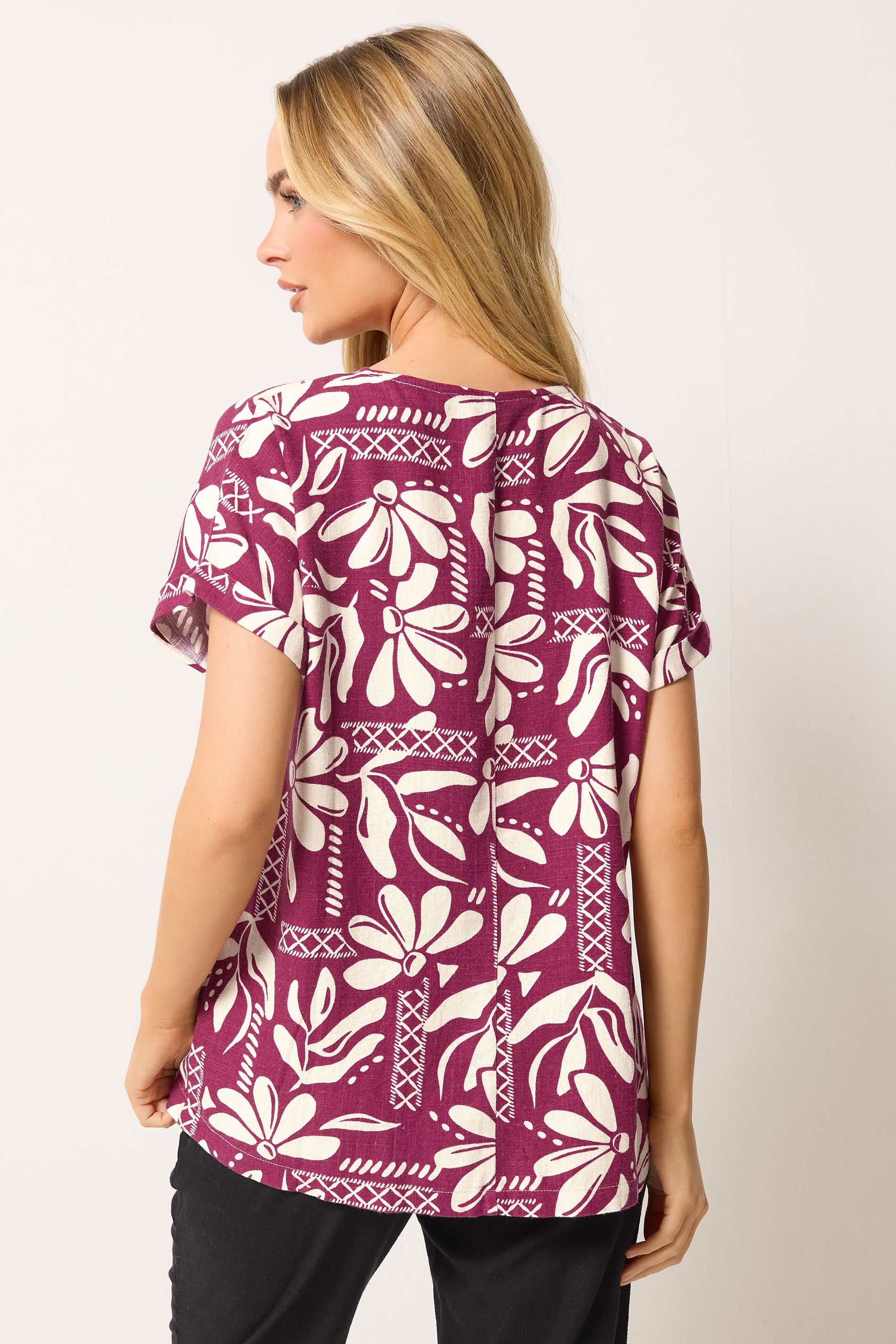 M&Co Berry Purple Floral Print Linen Top | M&Co 4