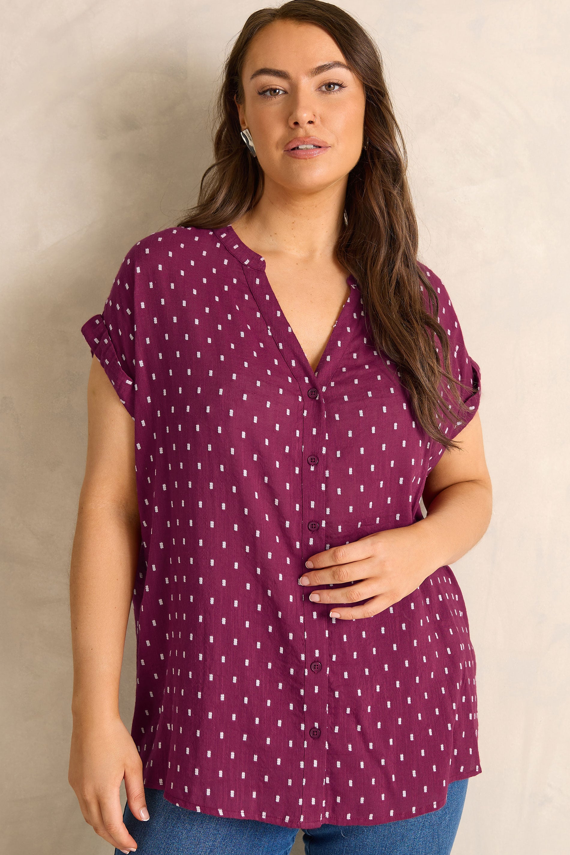 EVANS Plus Size Berry Red Dobby Short Sleeve Shirt | Evans 3