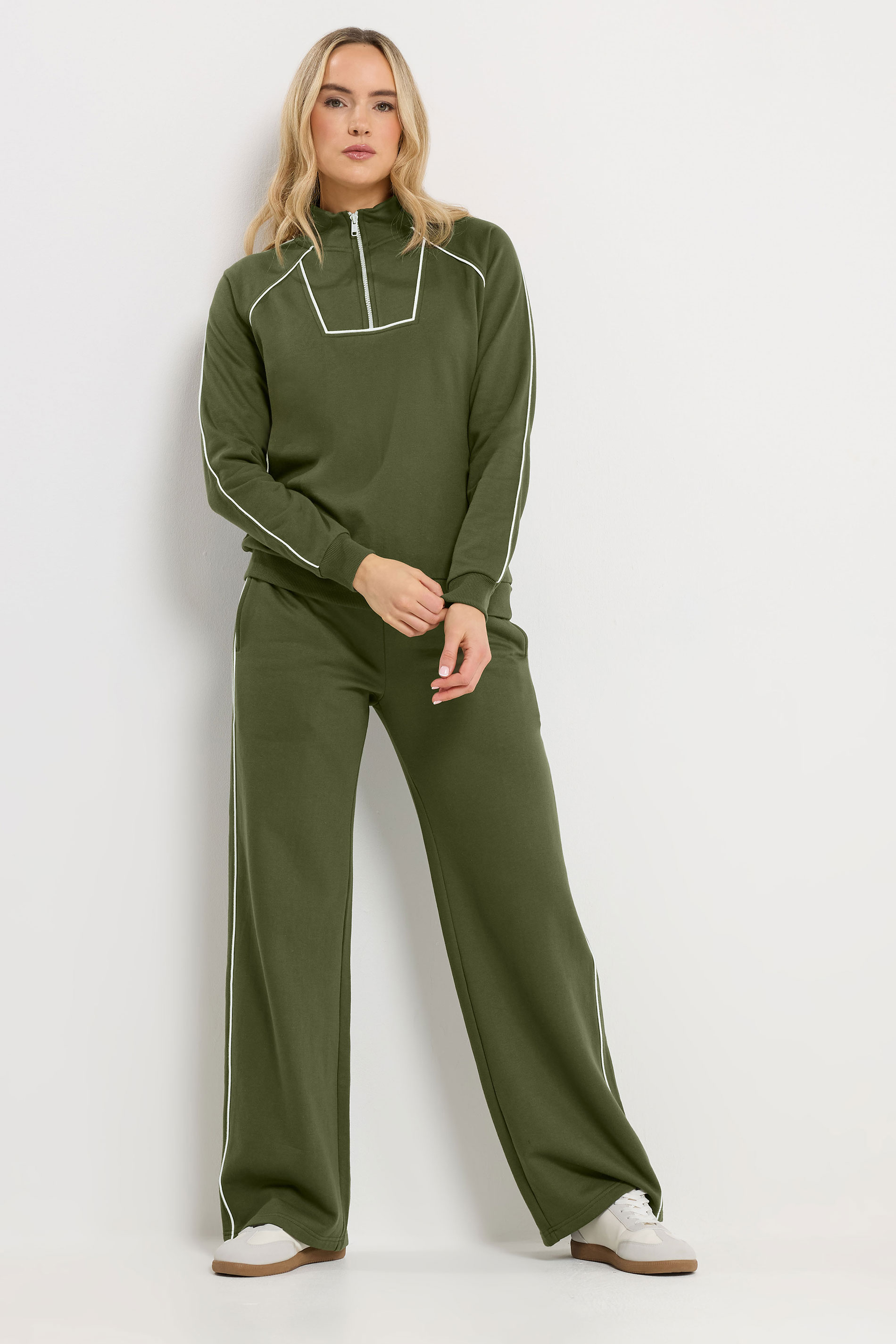 LTS Tall Women's Khaki Green Cotton Pipe Quarter Zip Sweatshirt & Wide Leg Trousers Set 1