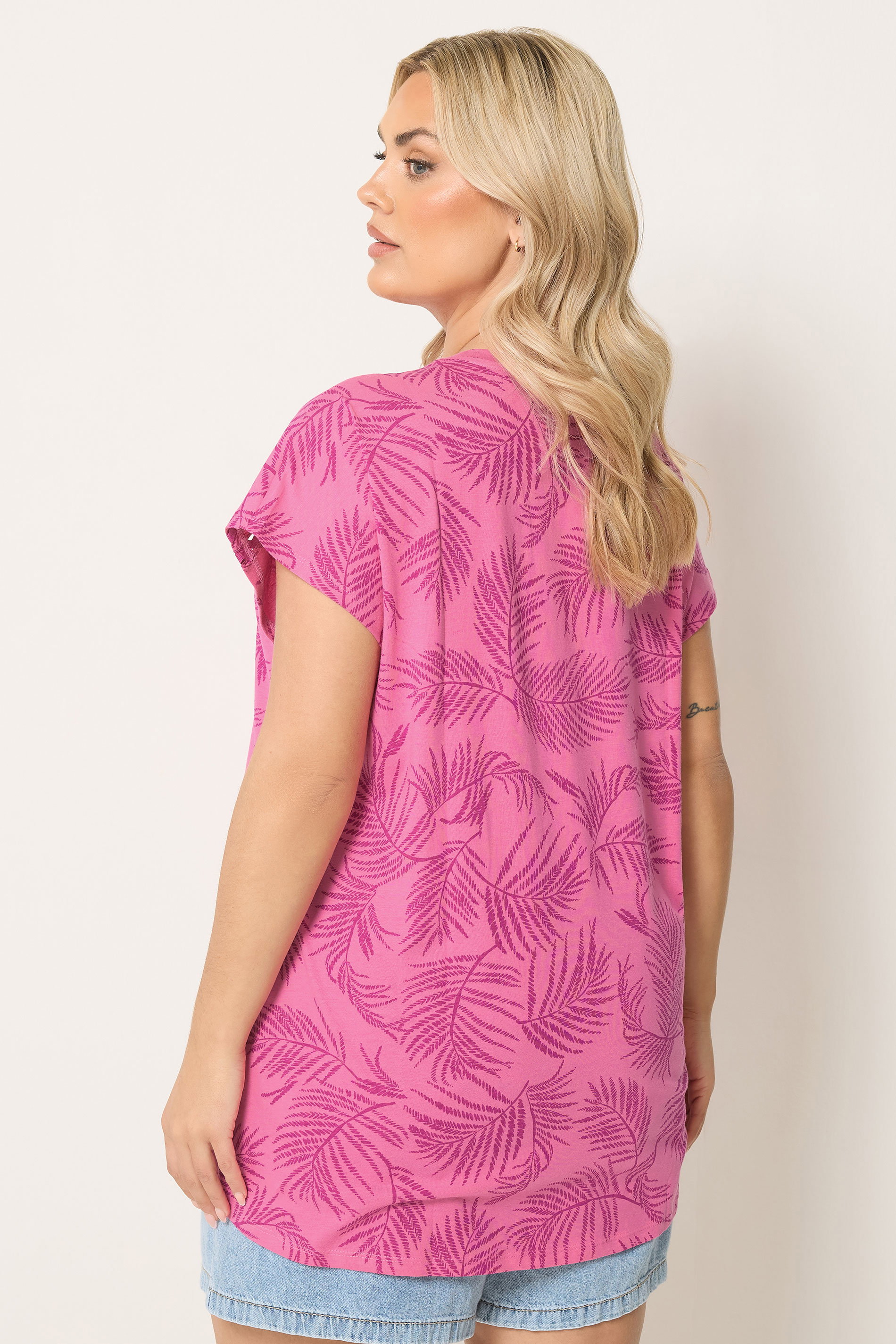 YOURS Plus Size Pink Palm Tree Trim Detail T-Shirt | Yours Clothing 2