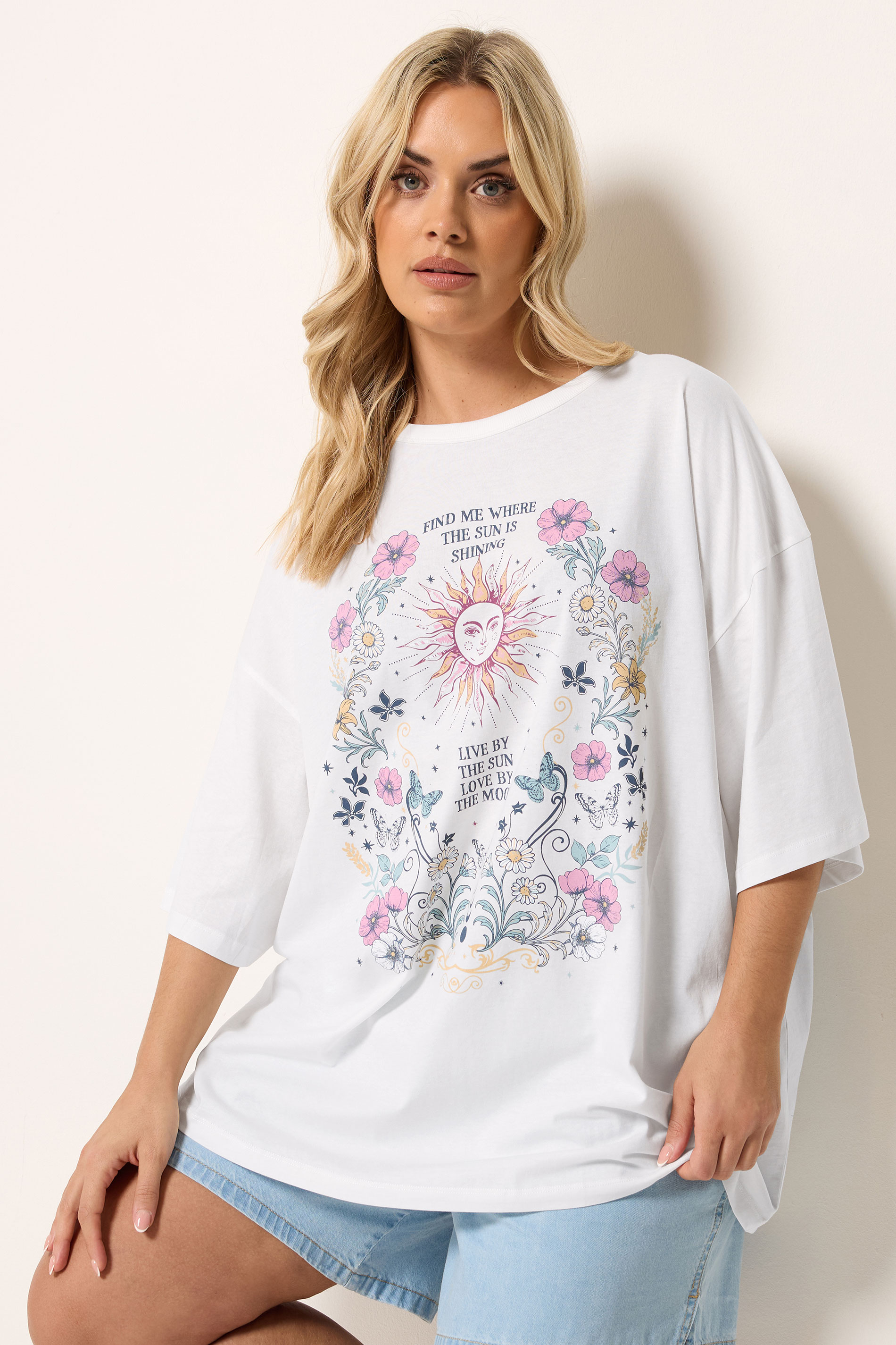 YOURS Plus Size White Floral & Sun Graphic Boxy T-Shirt | Yours Clothing 3