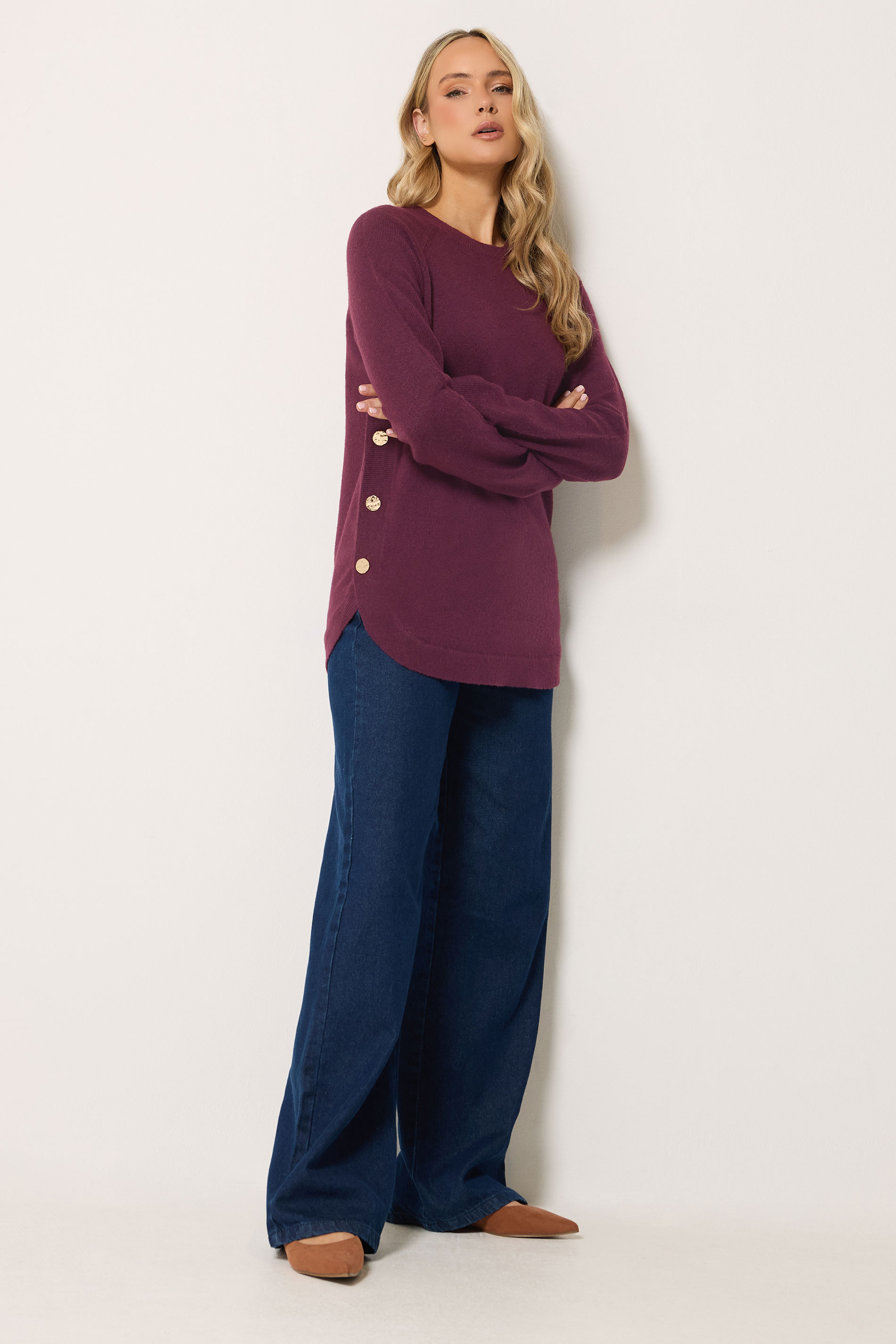 LTS Tall Women's Dark Red Longline Button Knitted Jumper | Long Tall Sally 1