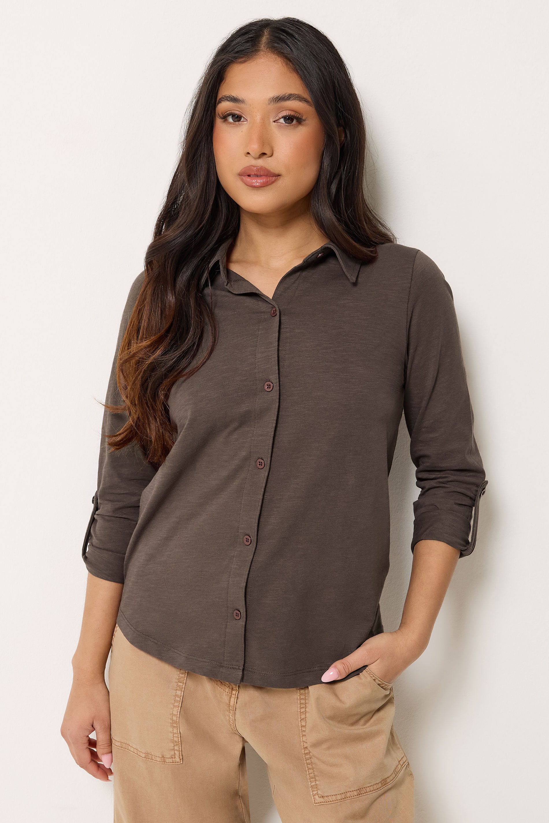 PixieGirl Petite Women's Chocolate Brown Button Cotton Shirt | PixieGirl 3