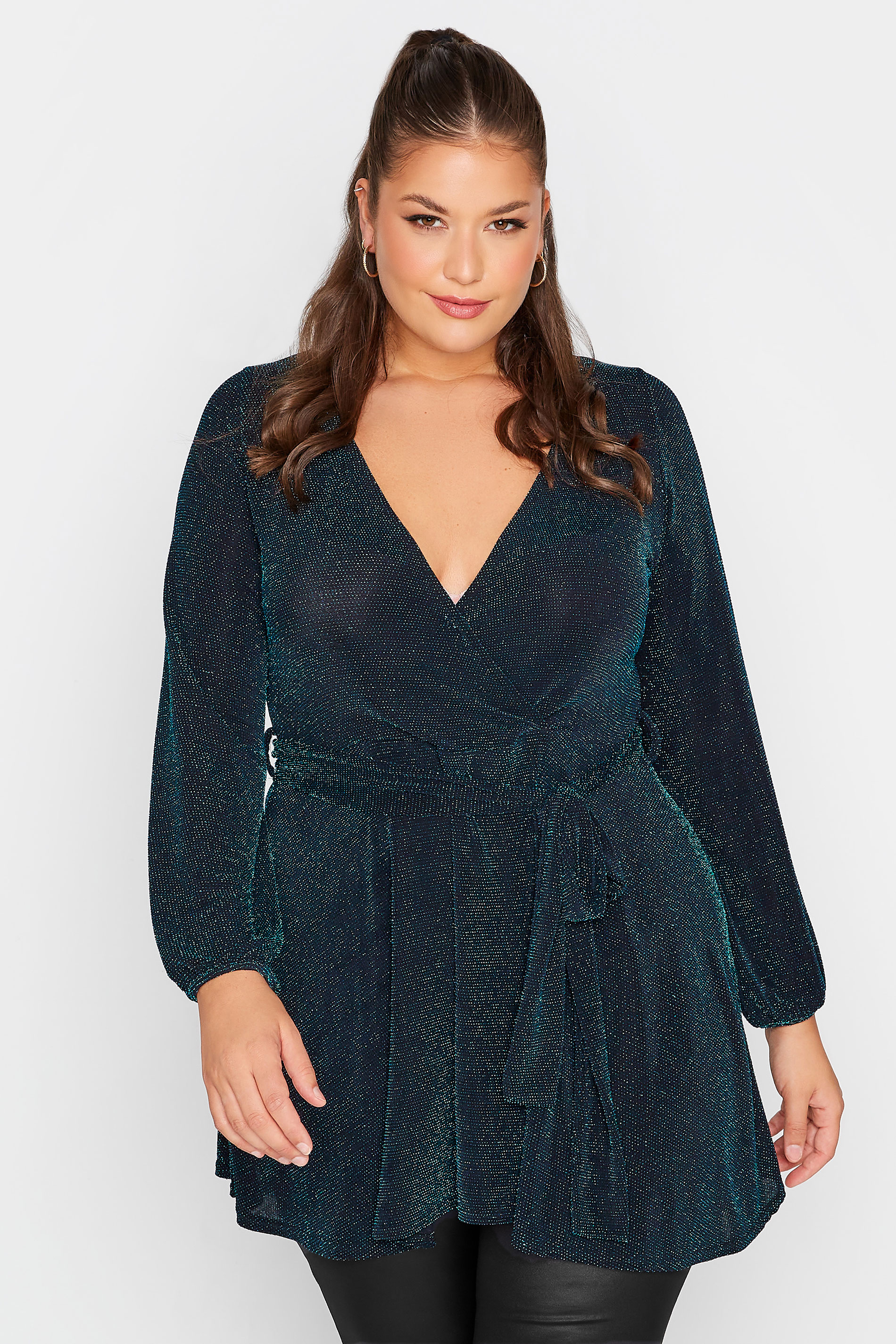 YOURS LONDON Plus Size Teal Blue Glitter Wrap Top | Yours Clothing 1