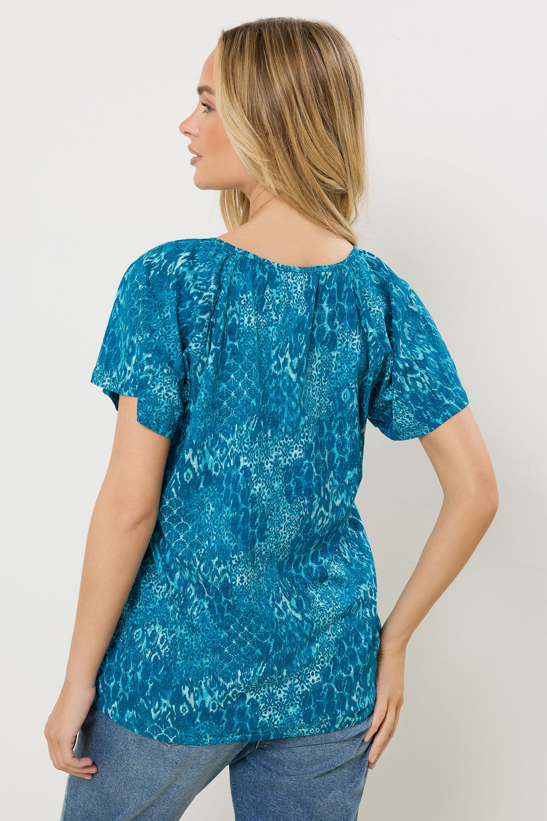 M&Co Blue Mixed Patchwork Print Cotton Scoop Neck Top | M&Co 2