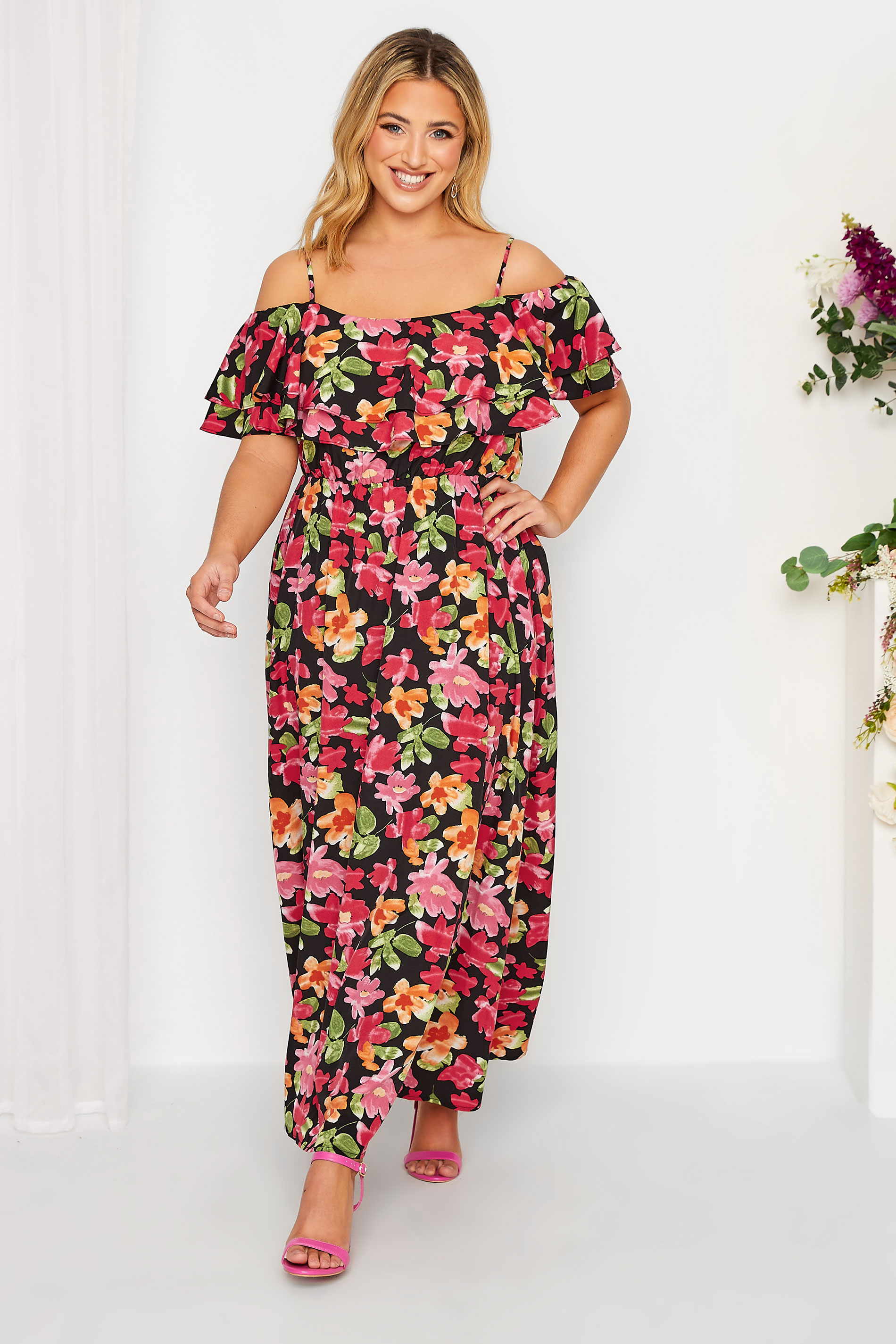 Plus Size YOURS LONDON Curve Black Floral Bardot Ruffle Bridesmaid Maxi Dress | Yours Clothing  2