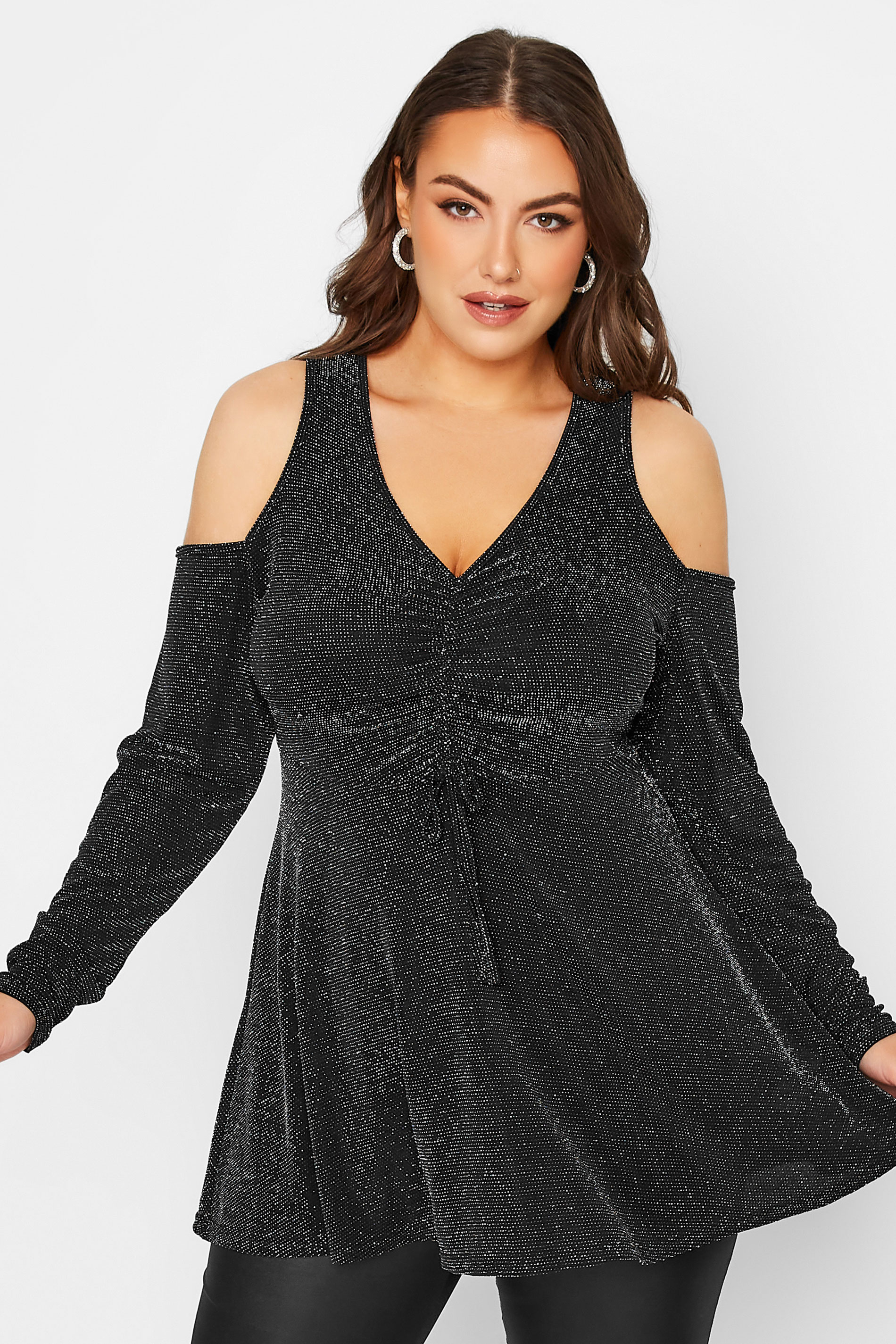 LIMITED COLLECTION Plus Size Black & Silver Glitter Cold Shoulder Top | Yours Clothing 1