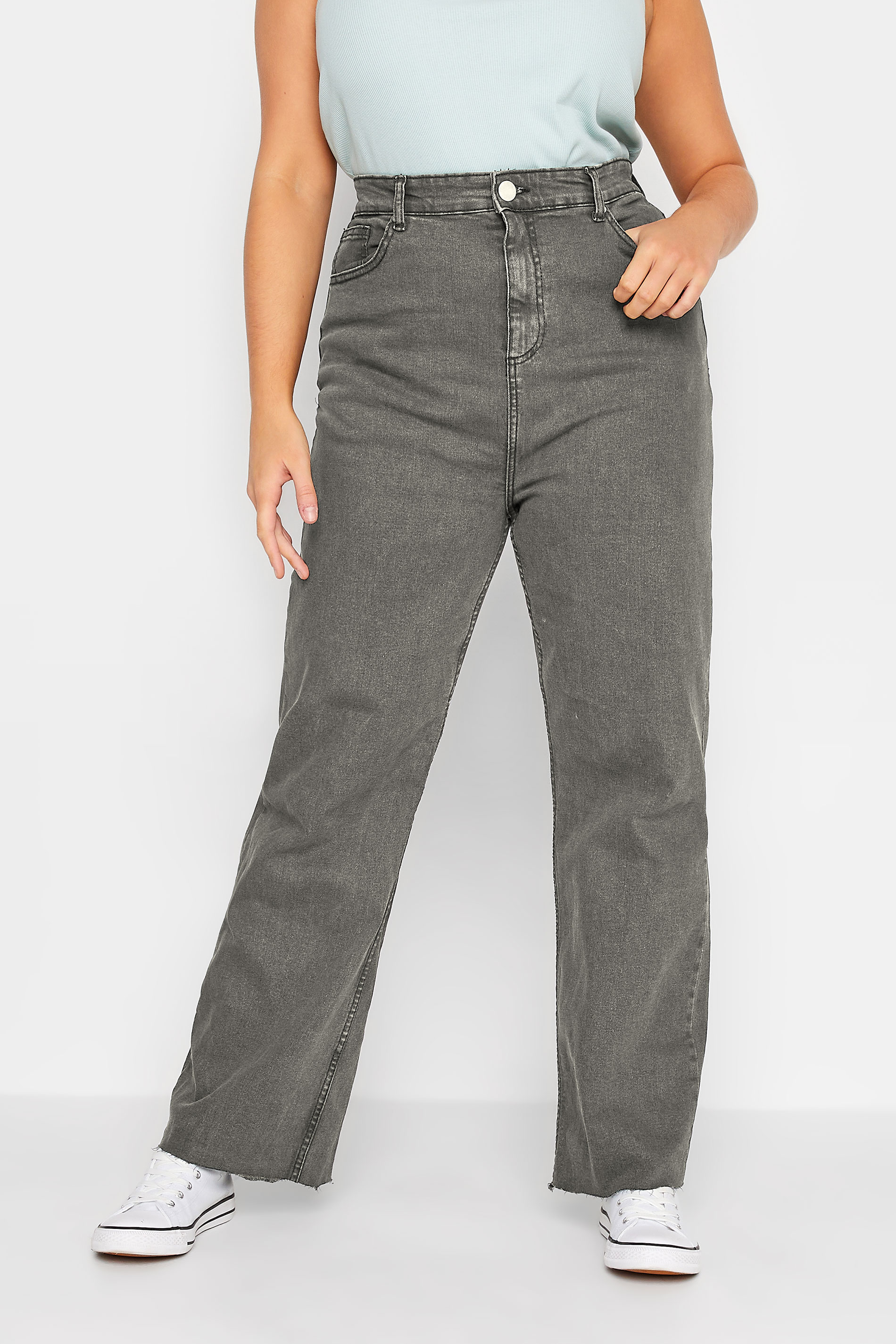 Plus Size Grey Stretch Wide Leg Jeans | Yours Clothing  1