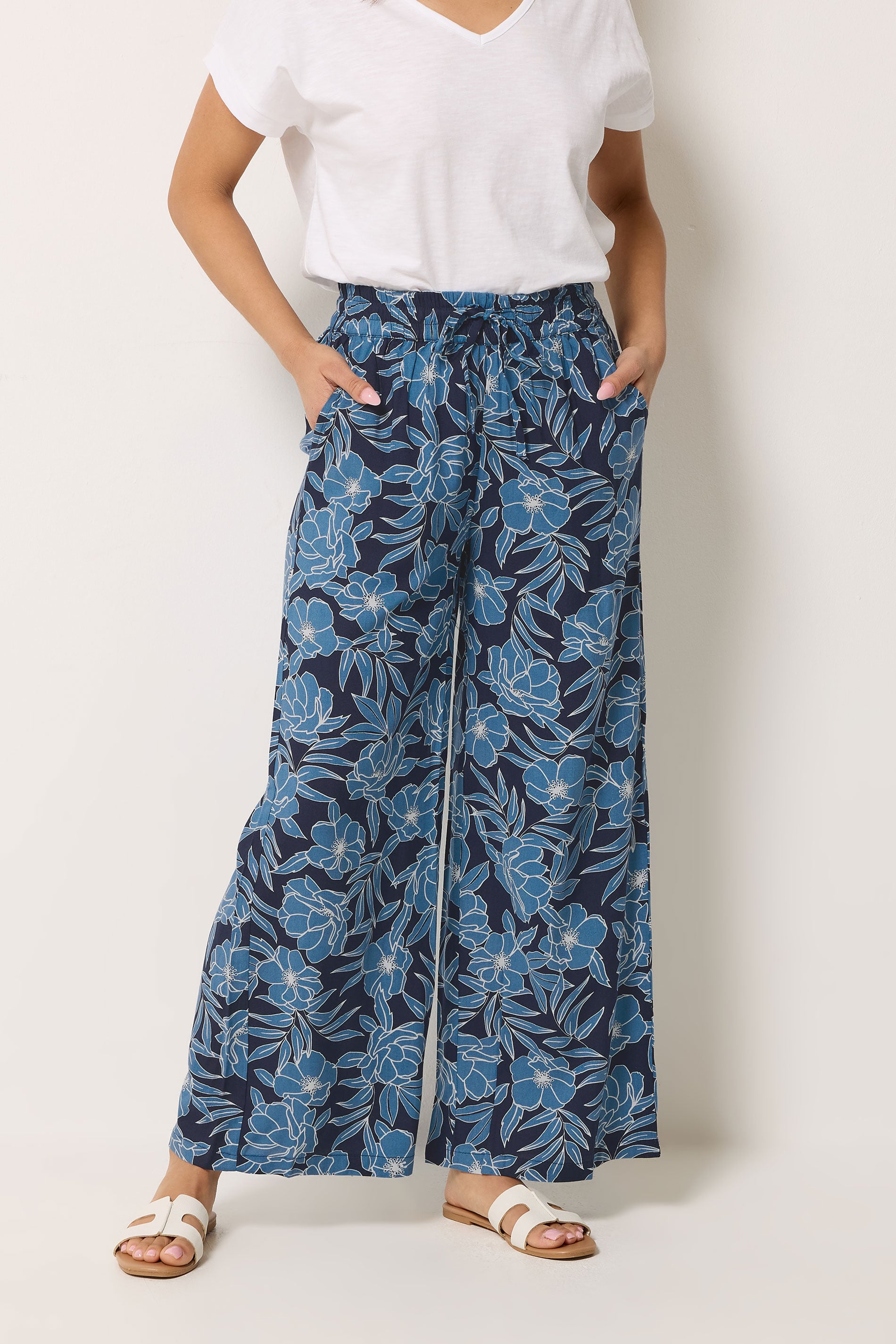 M&Co Navy Blue Floral Print Wide Leg Trousers | M&Co 1