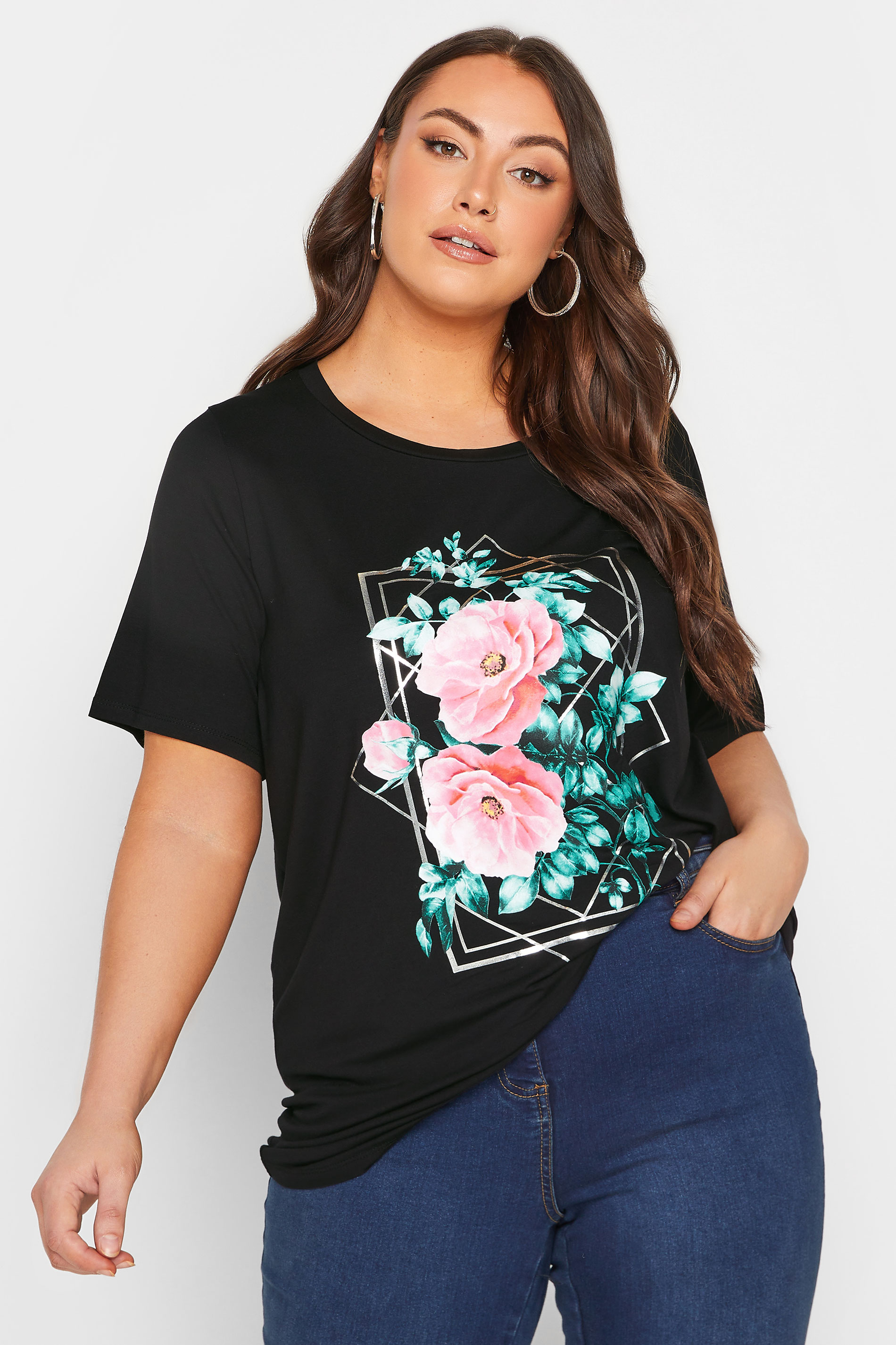 YOURS Curve Plus Size Black Floral Foil Print T-Shirt | Yours Clothing  1
