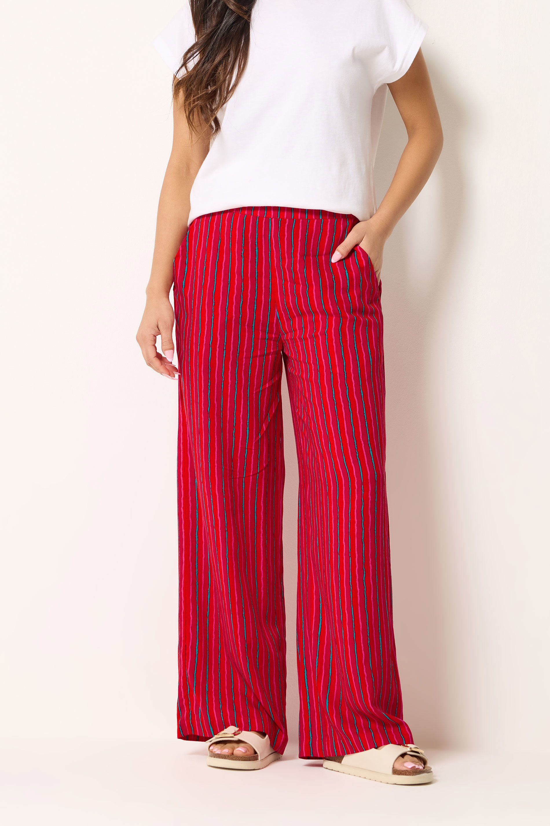 PixieGirl Petite Women's Pink & Red Stripe Wide Leg Trousers | PixieGirl 2