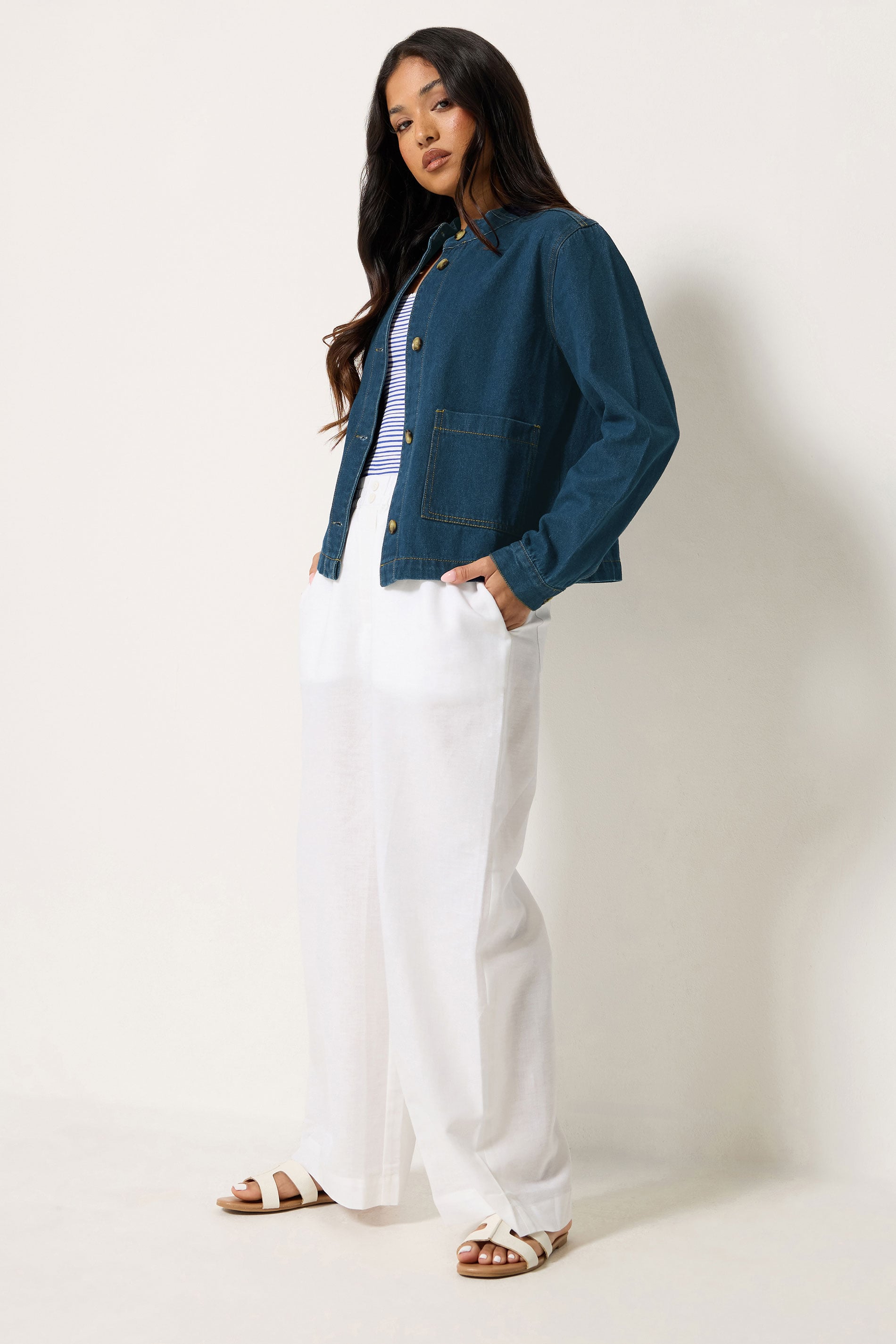 PixieGirl Petite Women's Indigo Blue Collarless Denim Jacket | PixieGirl 1