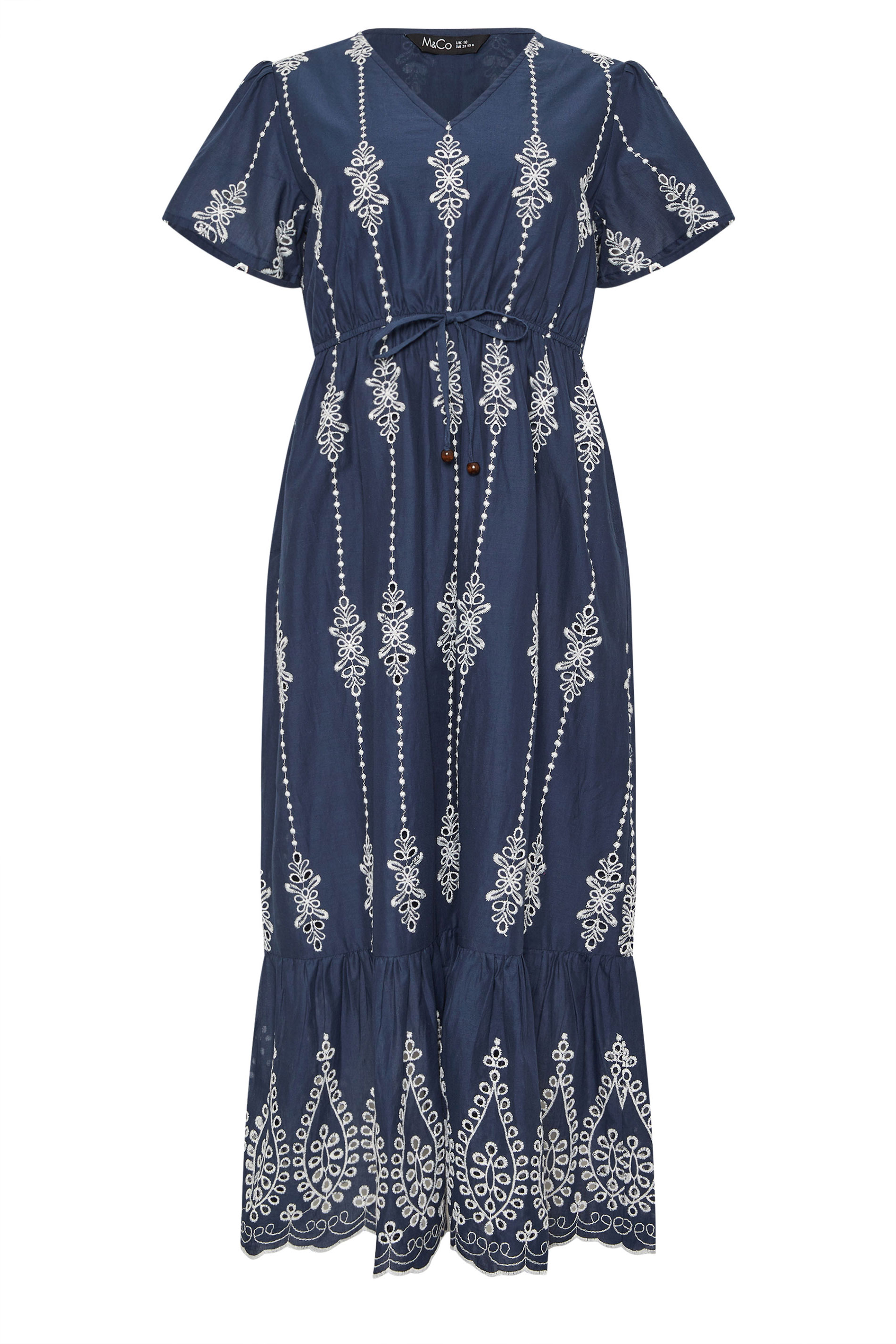 M&Co Navy Blue Broderie Tie Waist Cotton Dress | M&Co 6