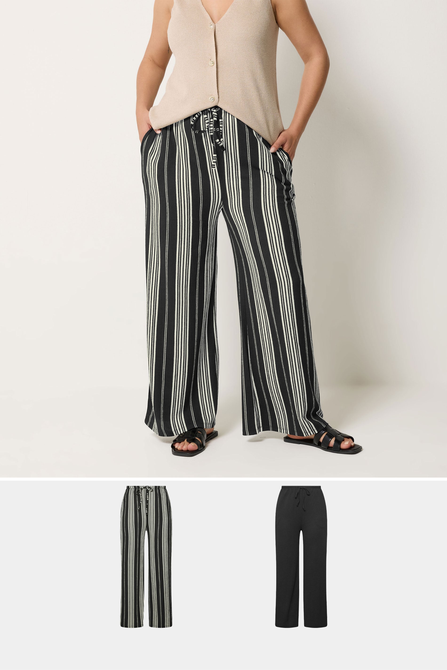 YOURSET 2 PACK Plus Size Black Stripe Wide Leg Trousers | Yours Clothing 1