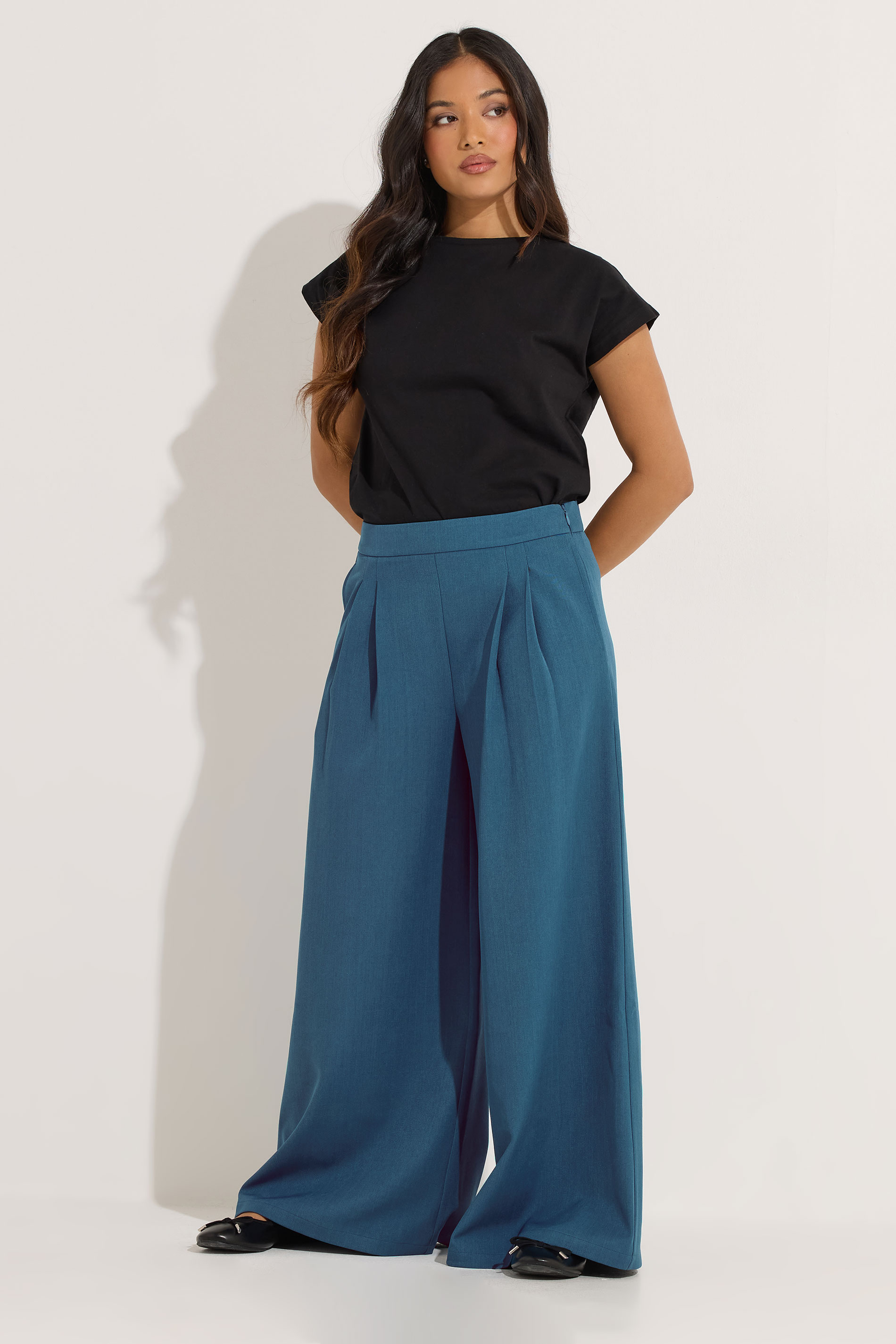 PixieGirl Petite Women's Teal Blue Pleat Front Palazzo Trousers | PixieGirl 1