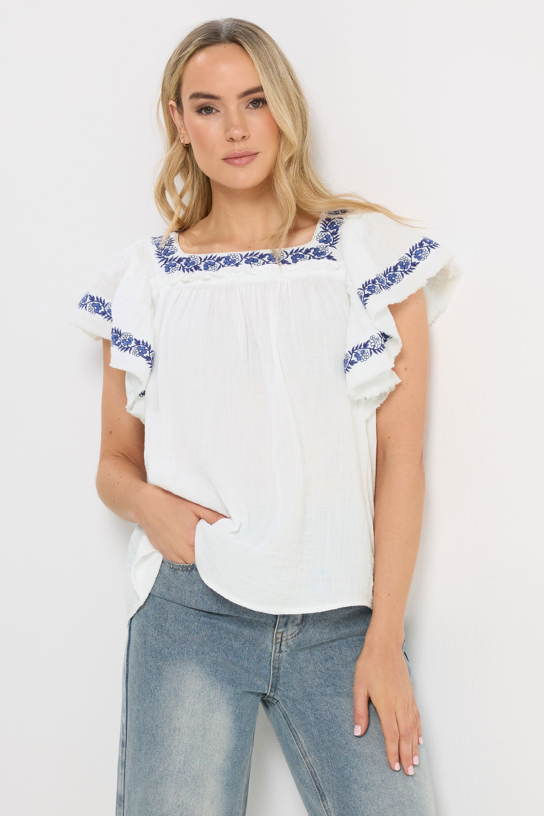 LTS Tall Women's White Embroidered Cotton Square Neck Top | Long Tall Sally 3